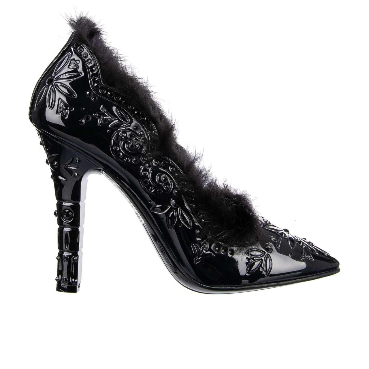 Dolce & Gabbana - Cinderella Fur and PVC Pumps with Crystals Black 37 For Sale