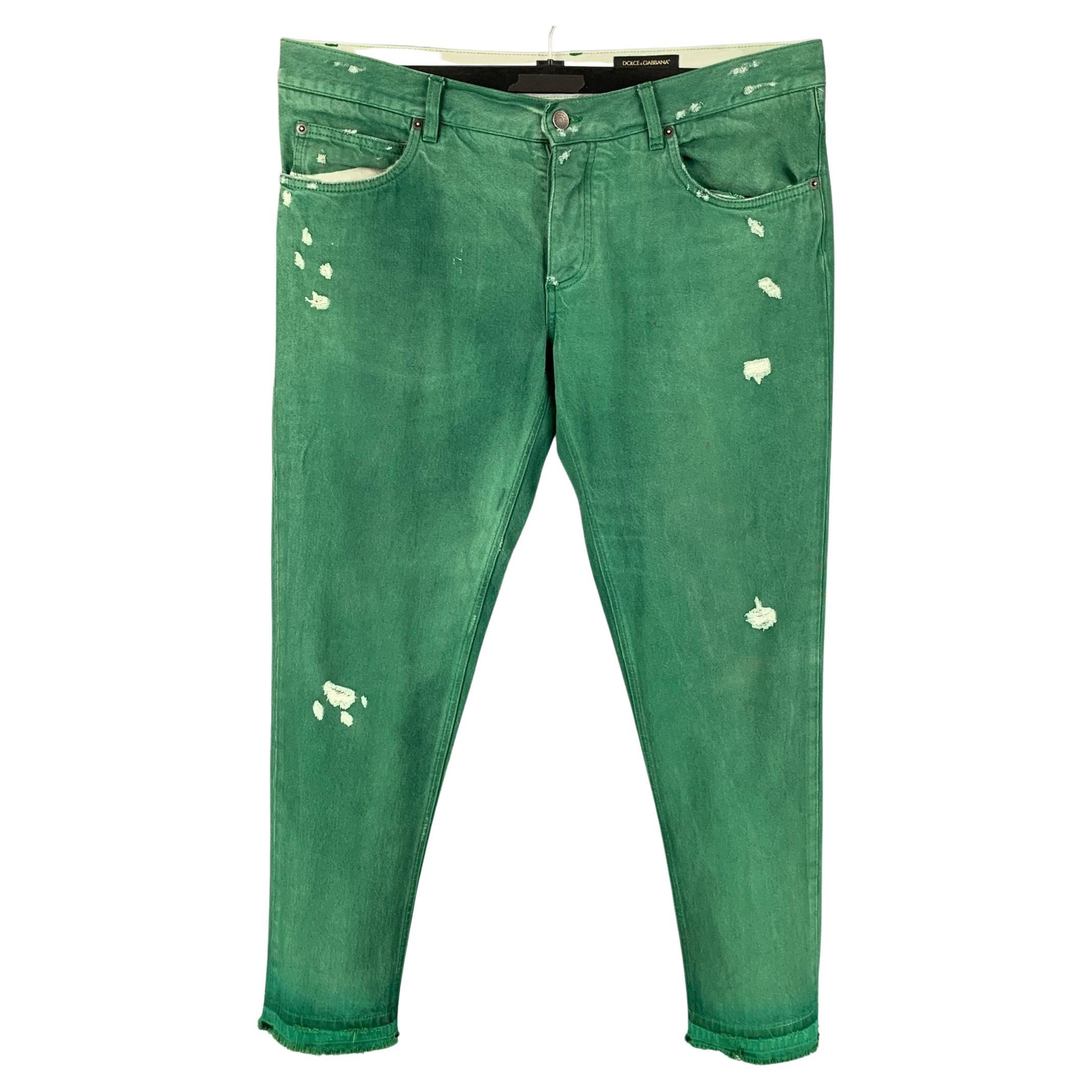 DOLCE & GABBANA Classic Size 36 Green Distressed Cotton Button Fly Jeans