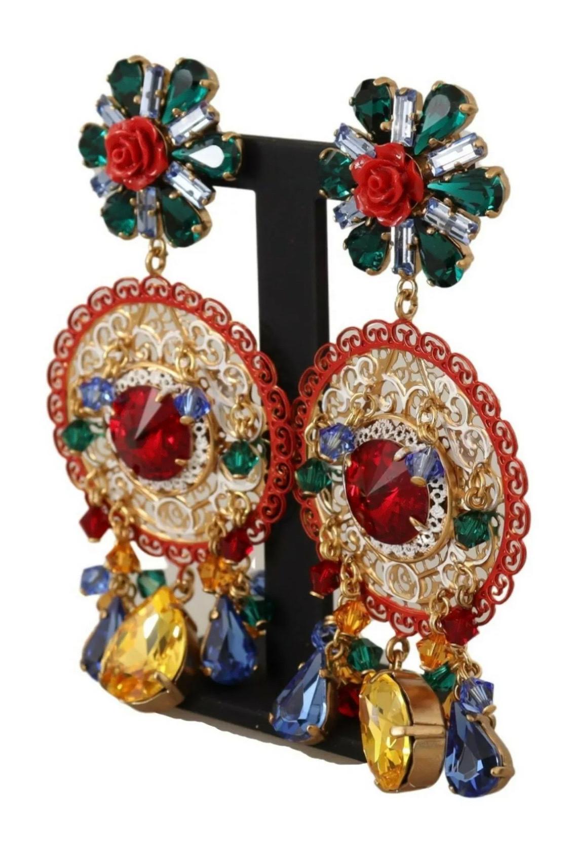 Modern Dolce & Gabbana clip-on dangling multicolour crystal glass earrings 