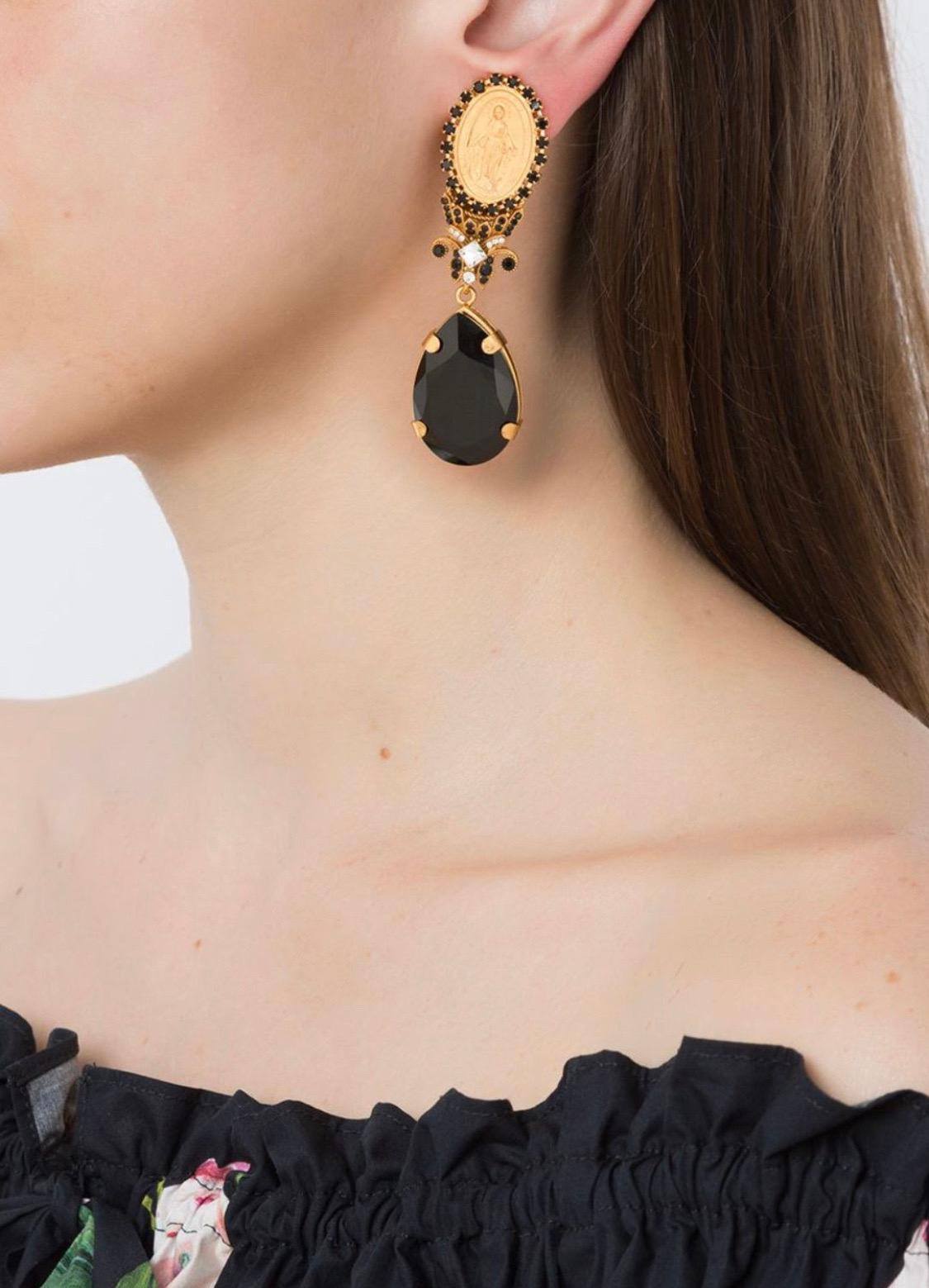 Dolce & Gabbana clip-on gold with black crystals earrings In New Condition In WELWYN, GB