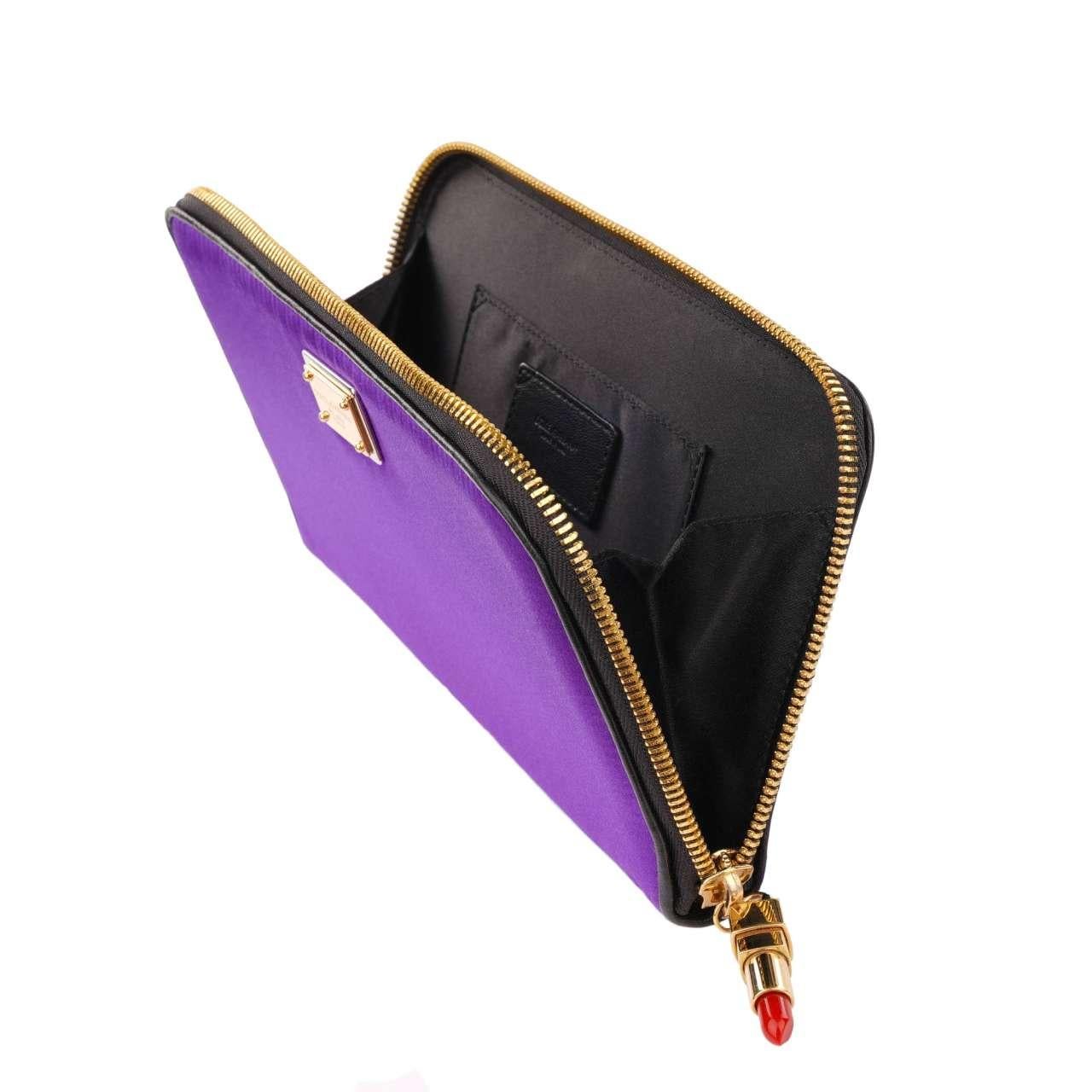 Women's Dolce & Gabbana - Clutch Silk Bag with DG Logo and Lipstick Pendant Purple Gold For Sale