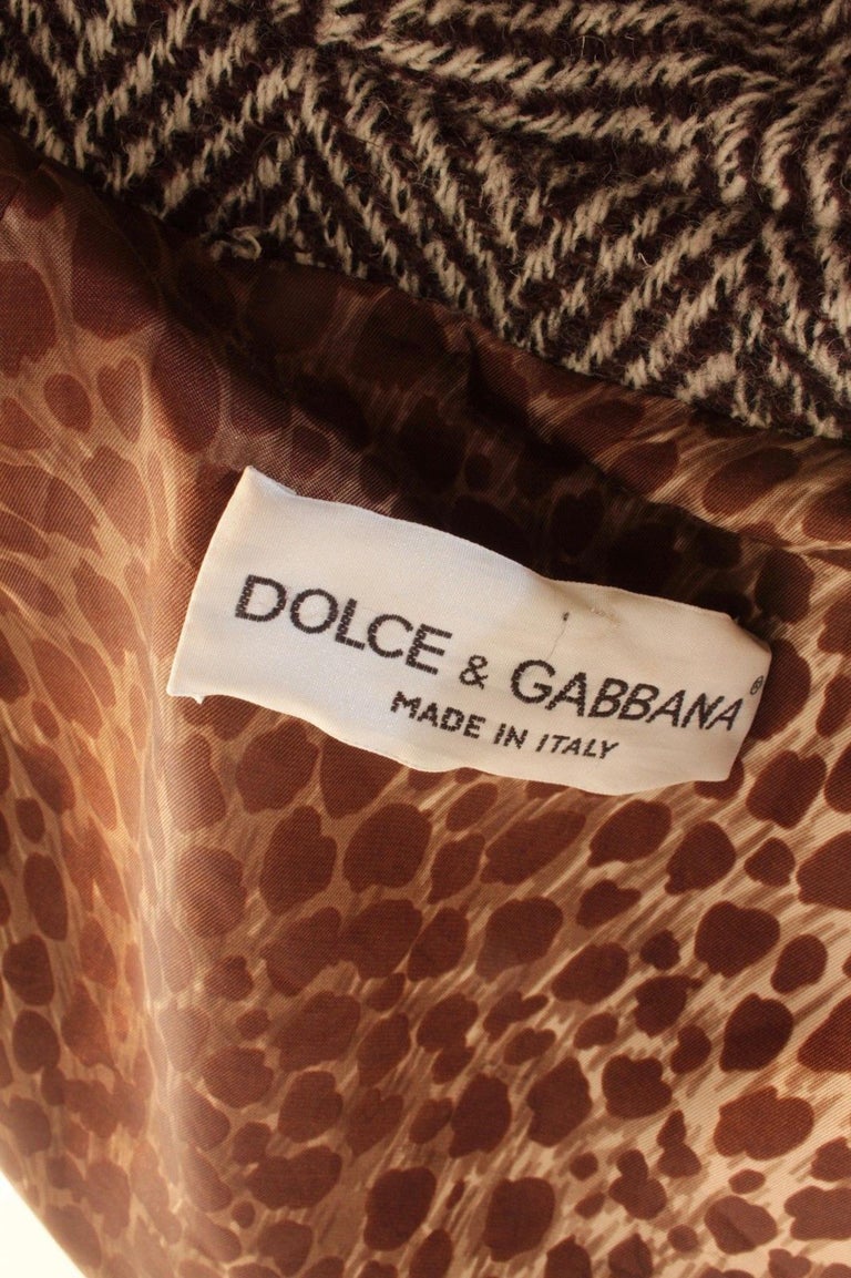 Dolce & Gabbana Coat Wool Herringbone Double Breasted Brown Cream Sz 40 For Sale 2