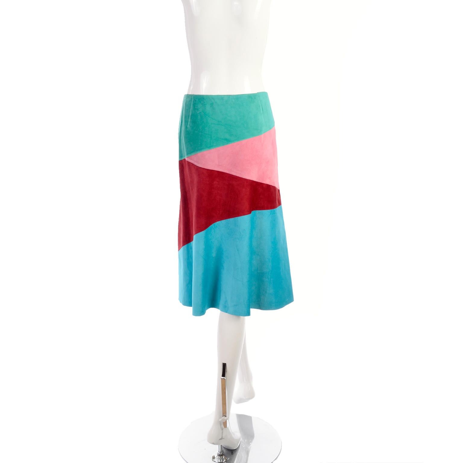 Dolce & Gabbana Color Block Suede Skirt in Burgundy Blue Tan & Yellow In Excellent Condition In Portland, OR