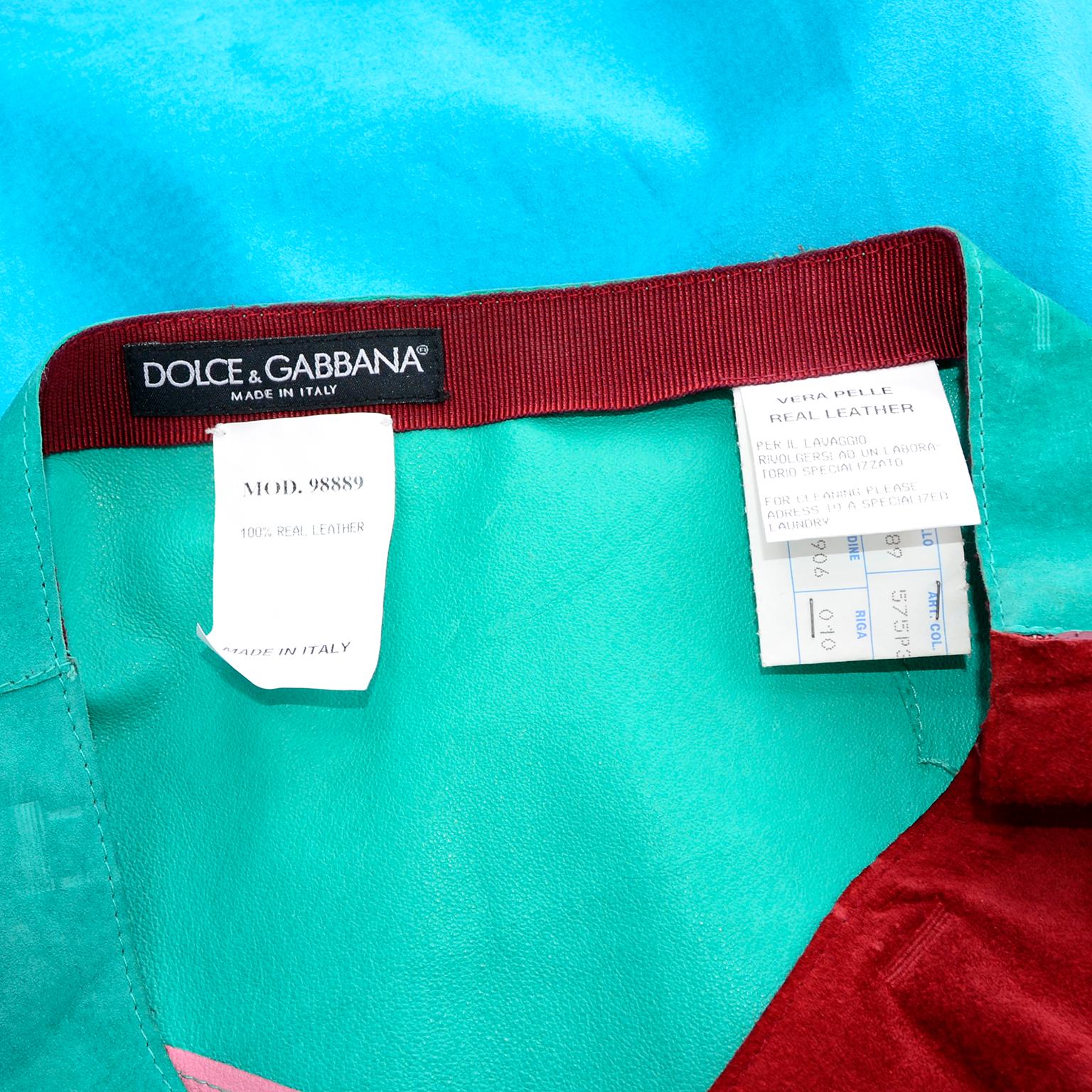 Women's Dolce & Gabbana Color Block Suede Skirt in Burgundy Blue Tan & Yellow