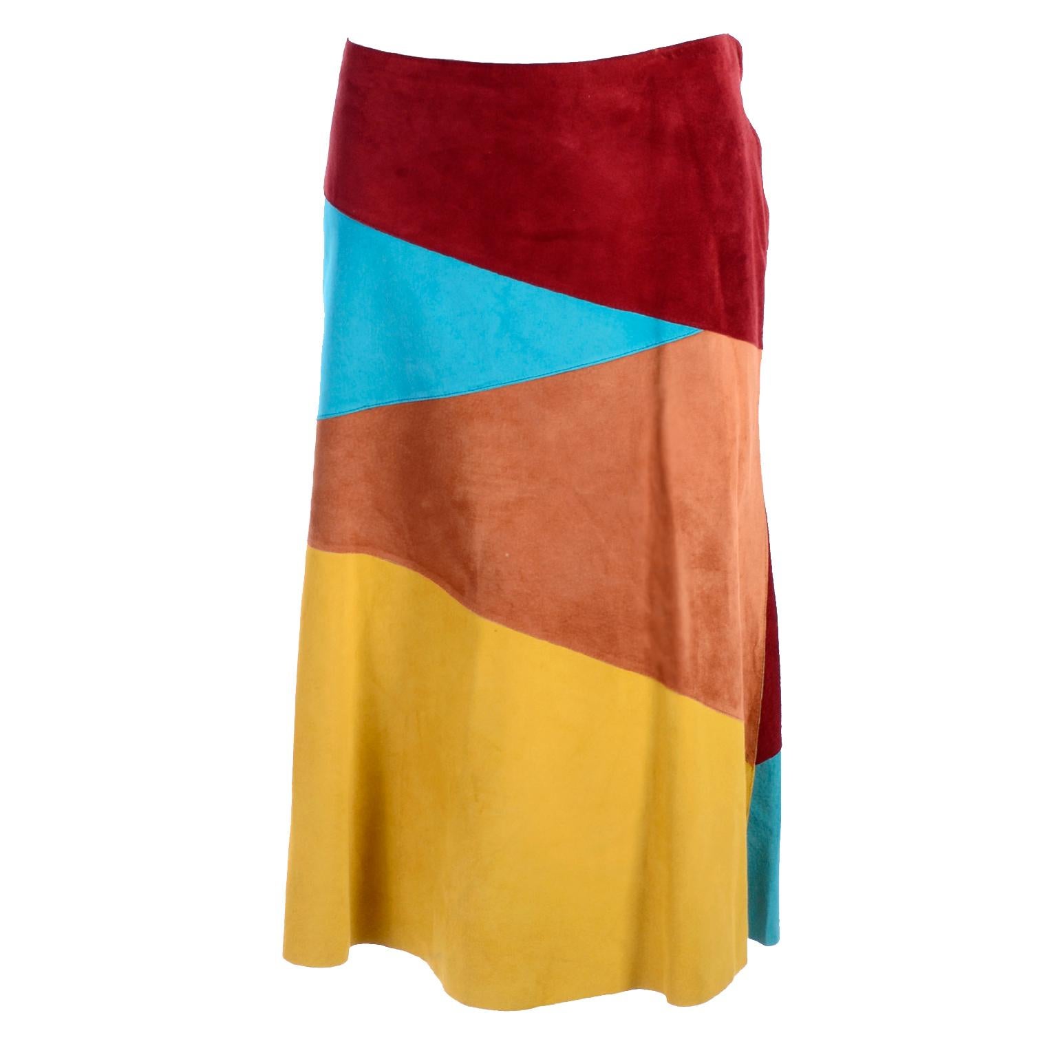 Dolce & Gabbana Color Block Suede Skirt in Burgundy Blue Tan & Yellow