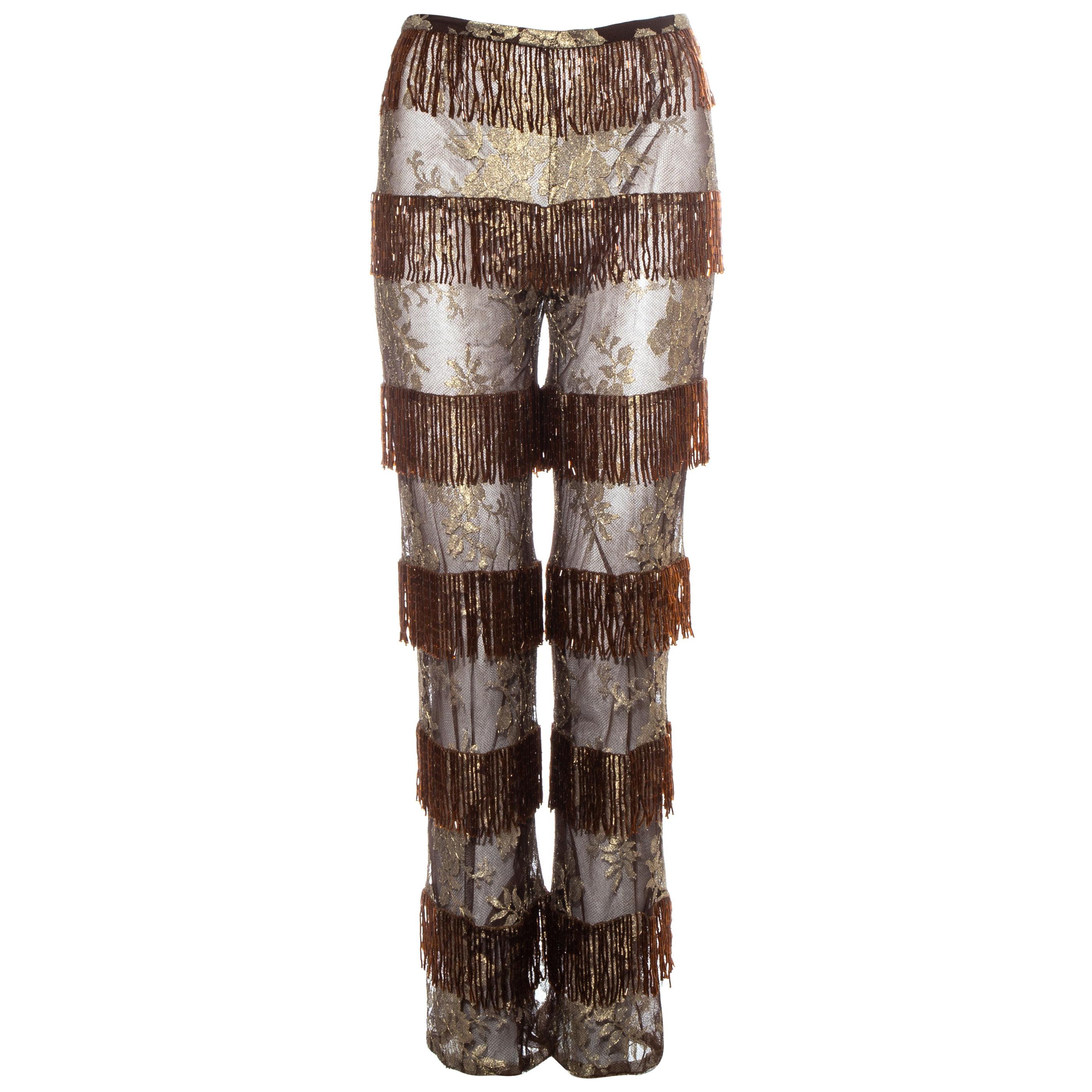 Dolce & Gabbana copper and gold lace beaded fringe pants, ss 2000 For Sale