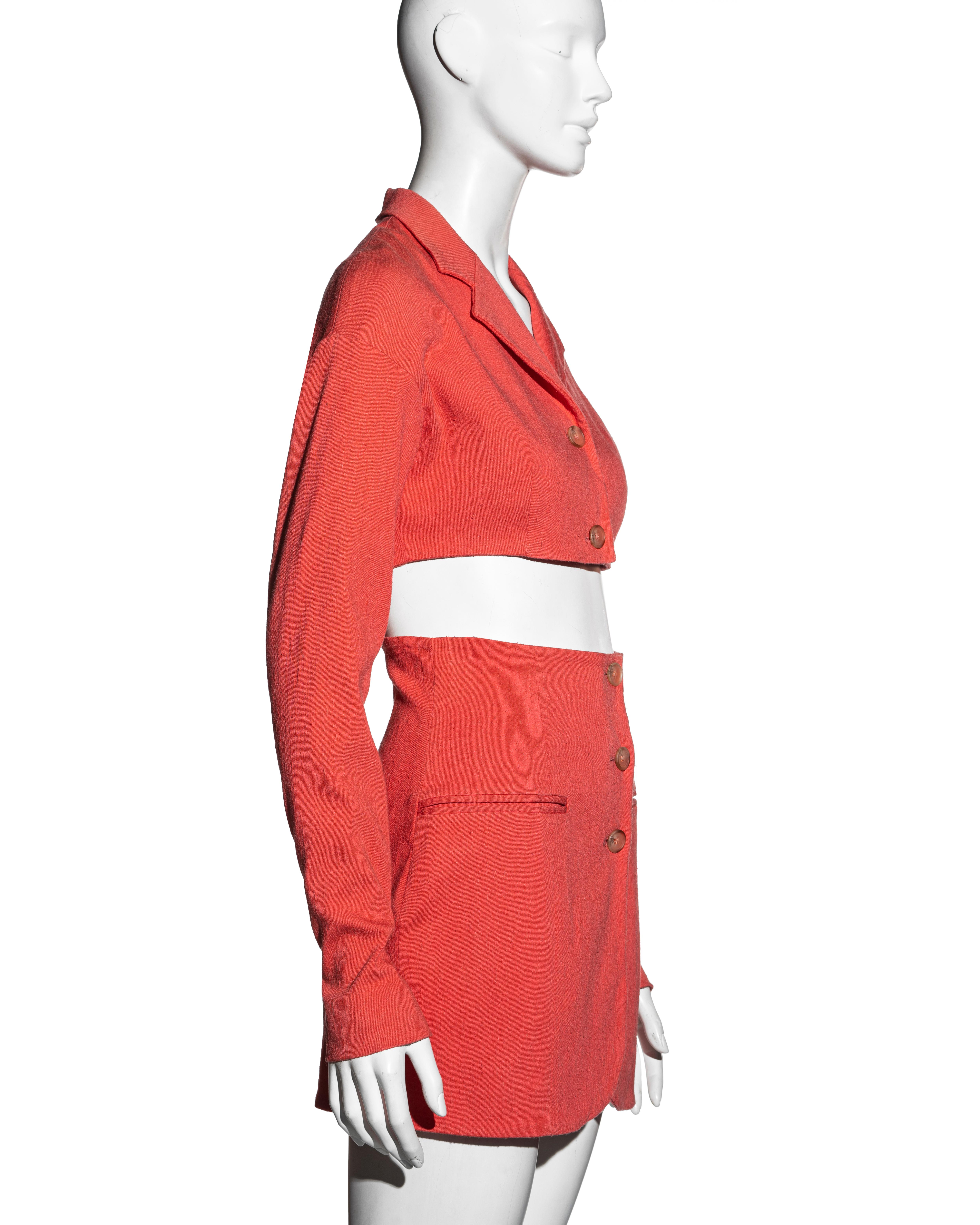 Red Dolce & Gabbana coral cropped jacket and mini skirt suit, ss 1992 For Sale