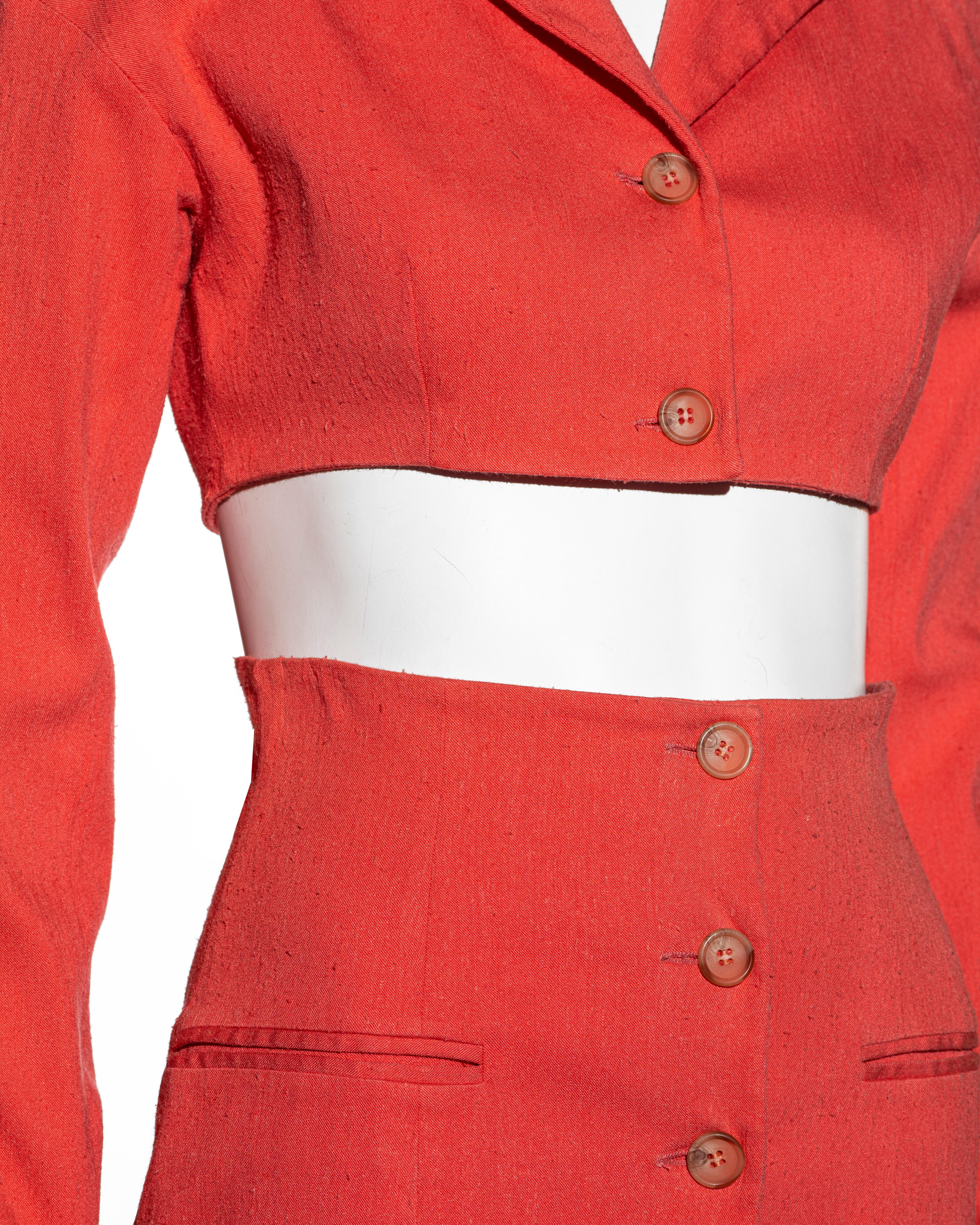 Dolce & Gabbana coral cropped jacket and mini skirt suit, ss 1992 In Excellent Condition For Sale In London, GB