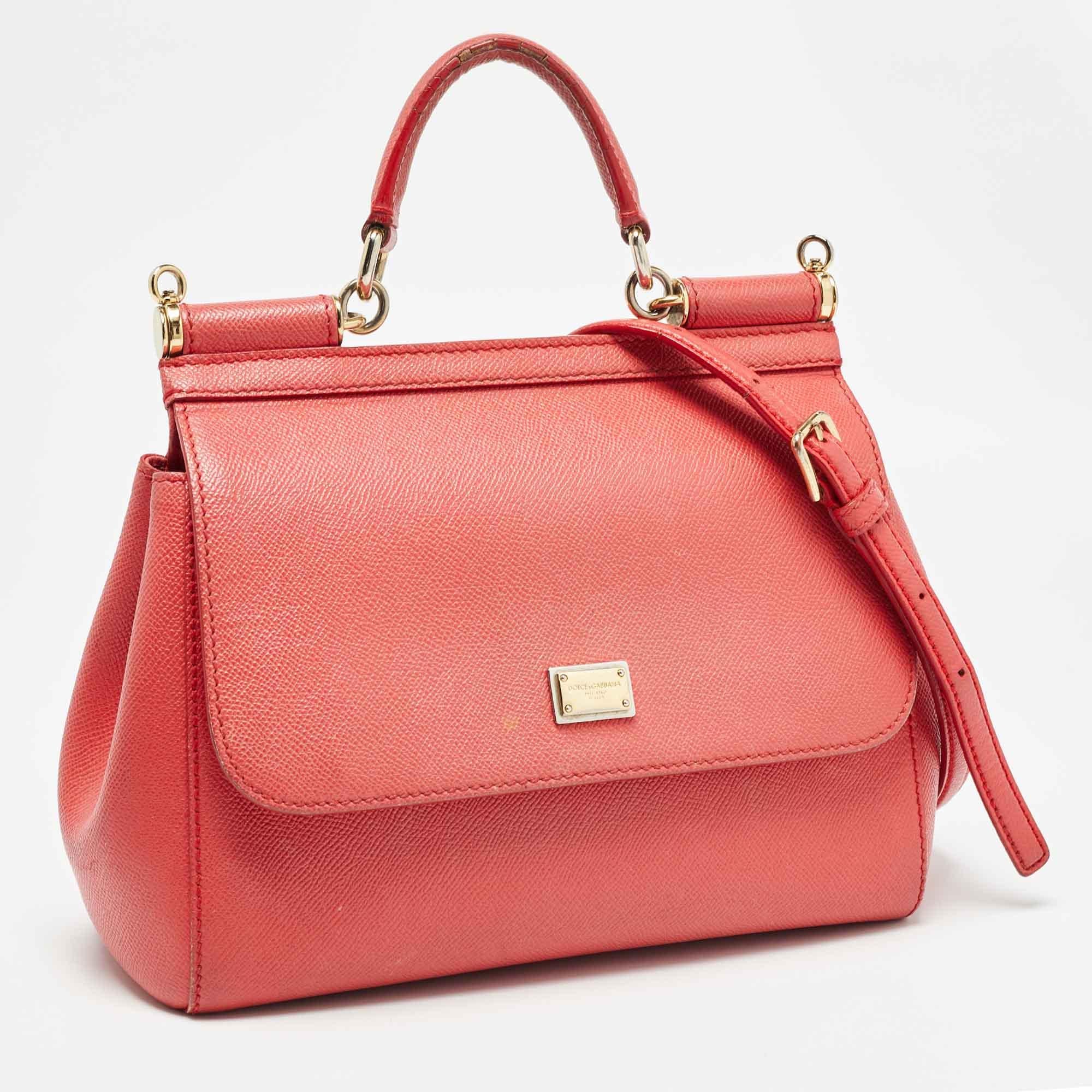 Orange Dolce & Gabbana Coral Pink Leather Medium Miss Sicily Top Handle Bag