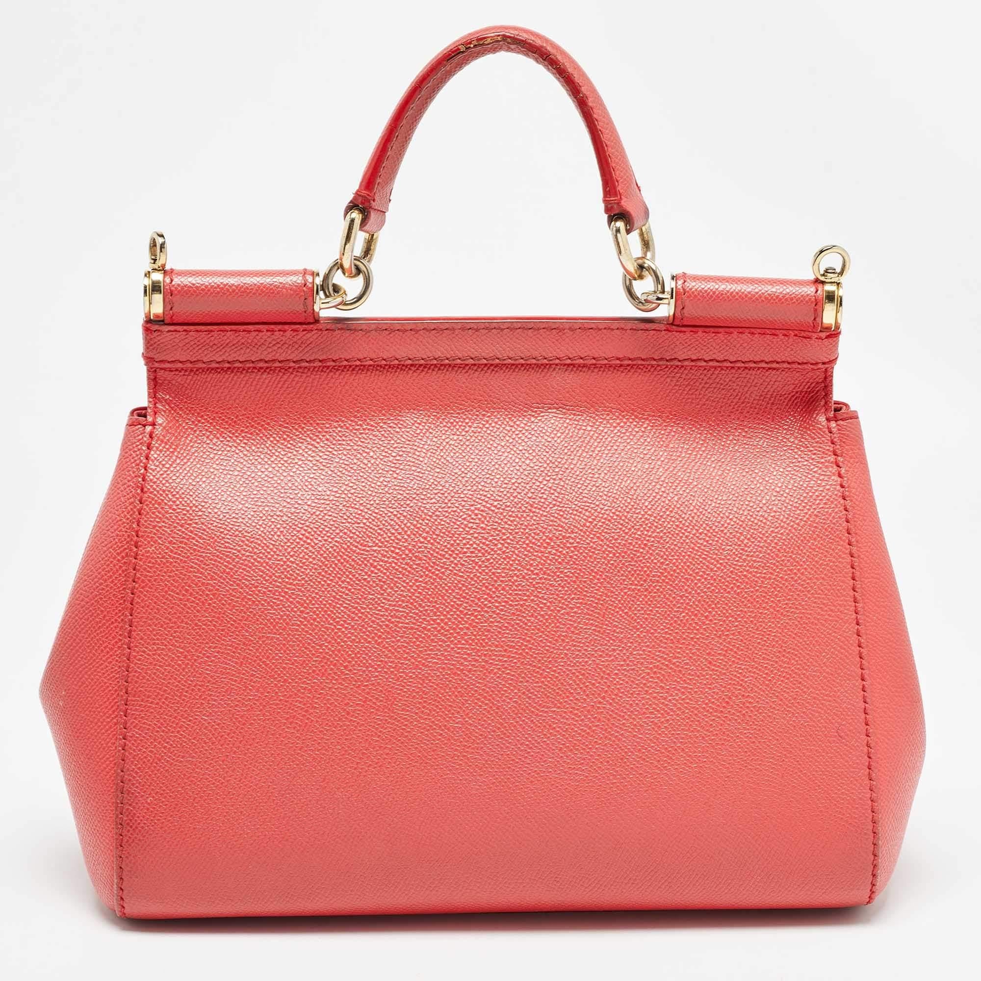 Dolce & Gabbana Coral Pink Leather Medium Miss Sicily Top Handle Bag In Fair Condition In Dubai, Al Qouz 2