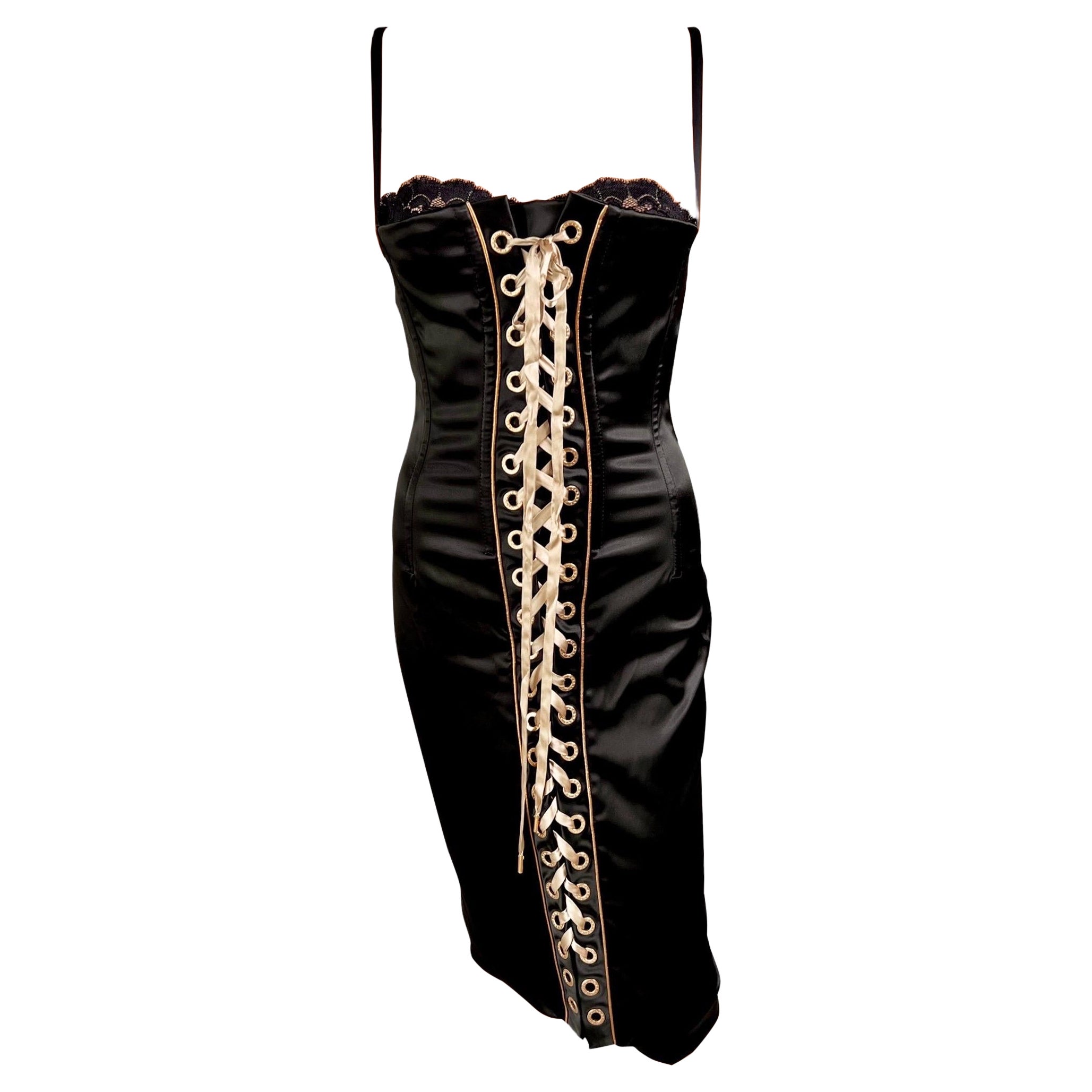 Dolce 
Gabbana Corset Lace-Up Bra Bustier Bodycon Black Midi Dress