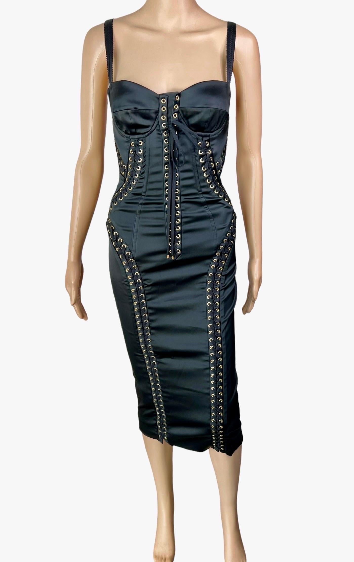 Dolce & Gabbana Corset Lace-Up Bustier Bodycon Black Midi Dress IT 36
