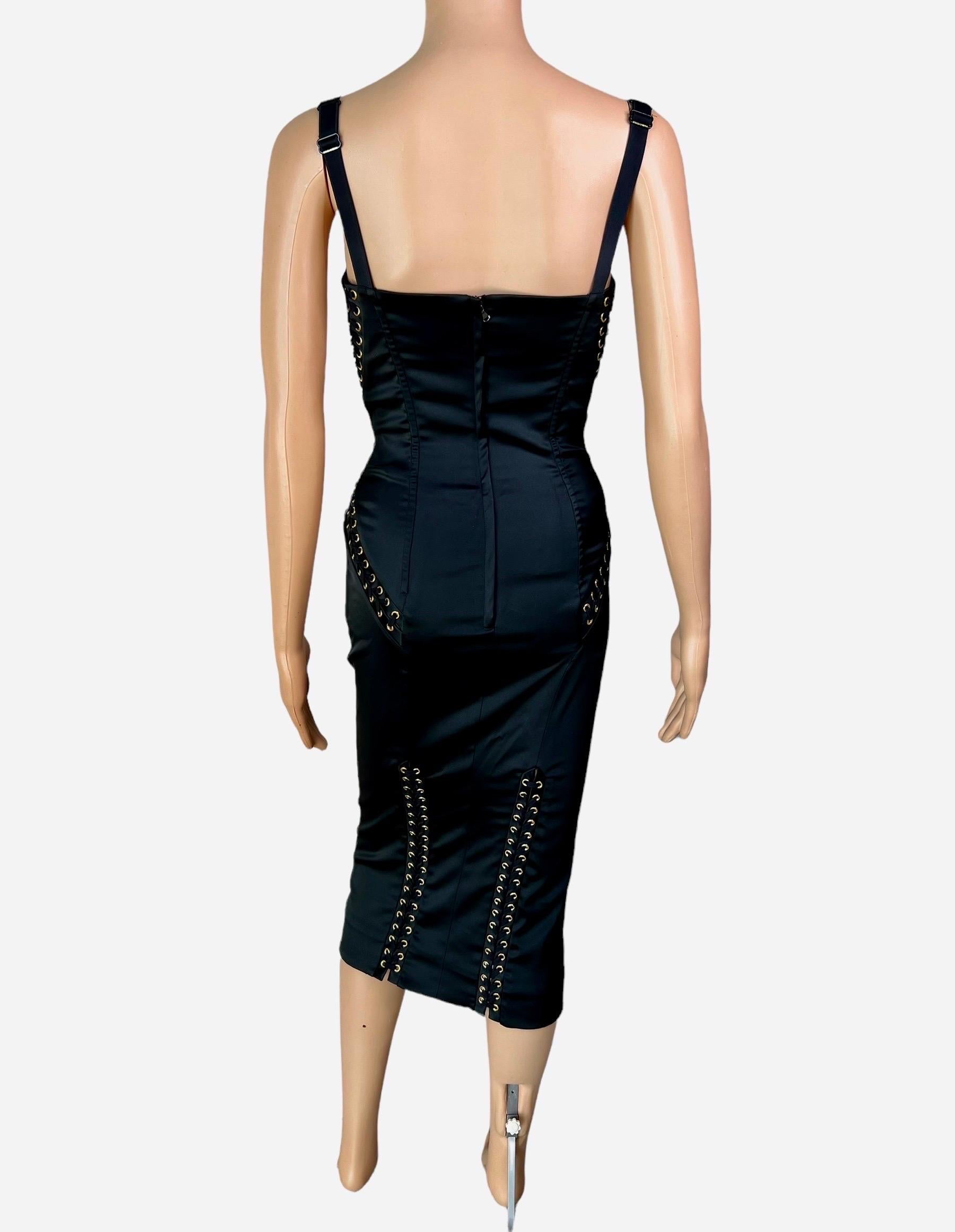 Dolce & Gabbana Corset Lace-Up Bustier Bodycon Black Midi Dress In Good Condition For Sale In Naples, FL