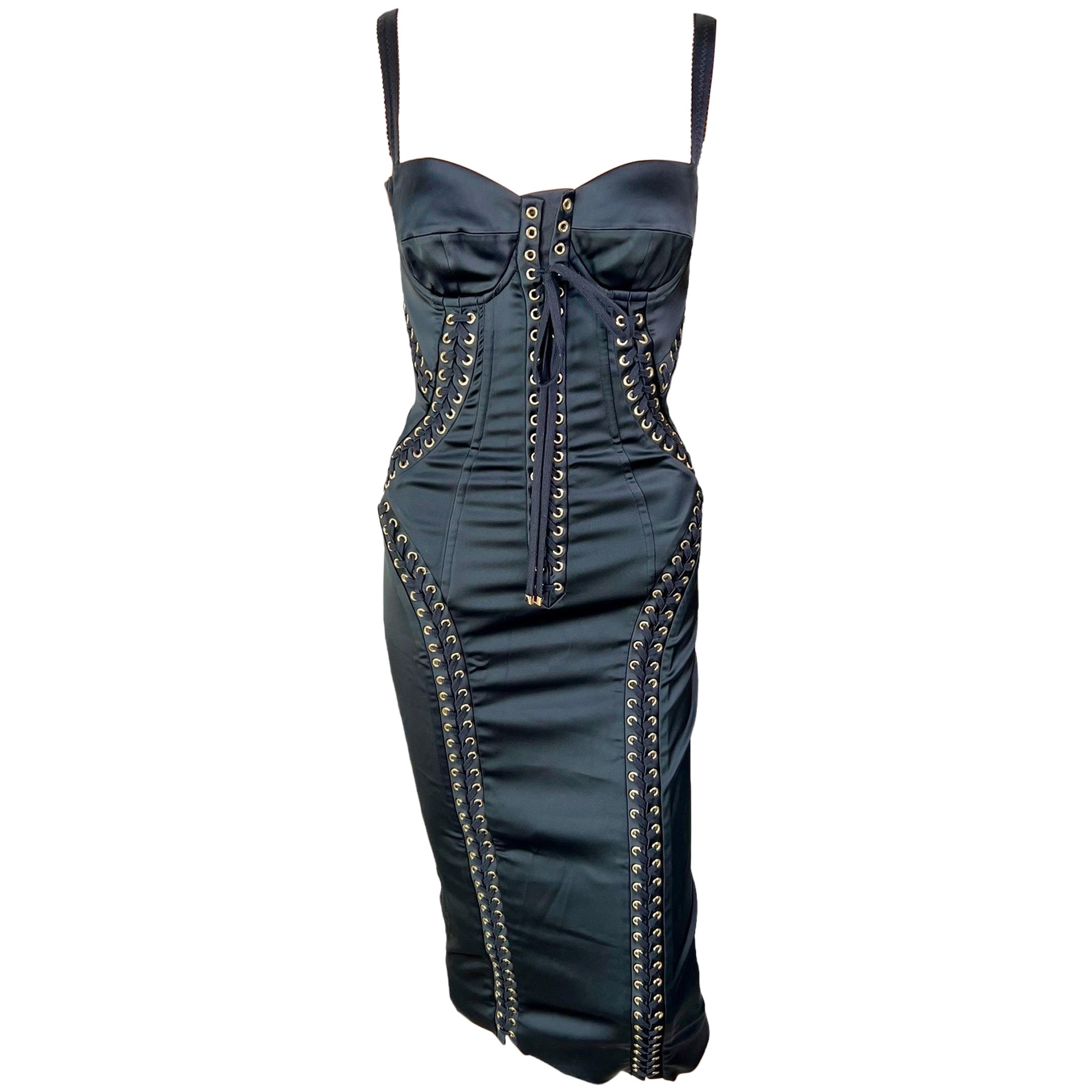 Dolce & Gabbana - Robe midi moulante noire moulante avec bustier et corset à lacets