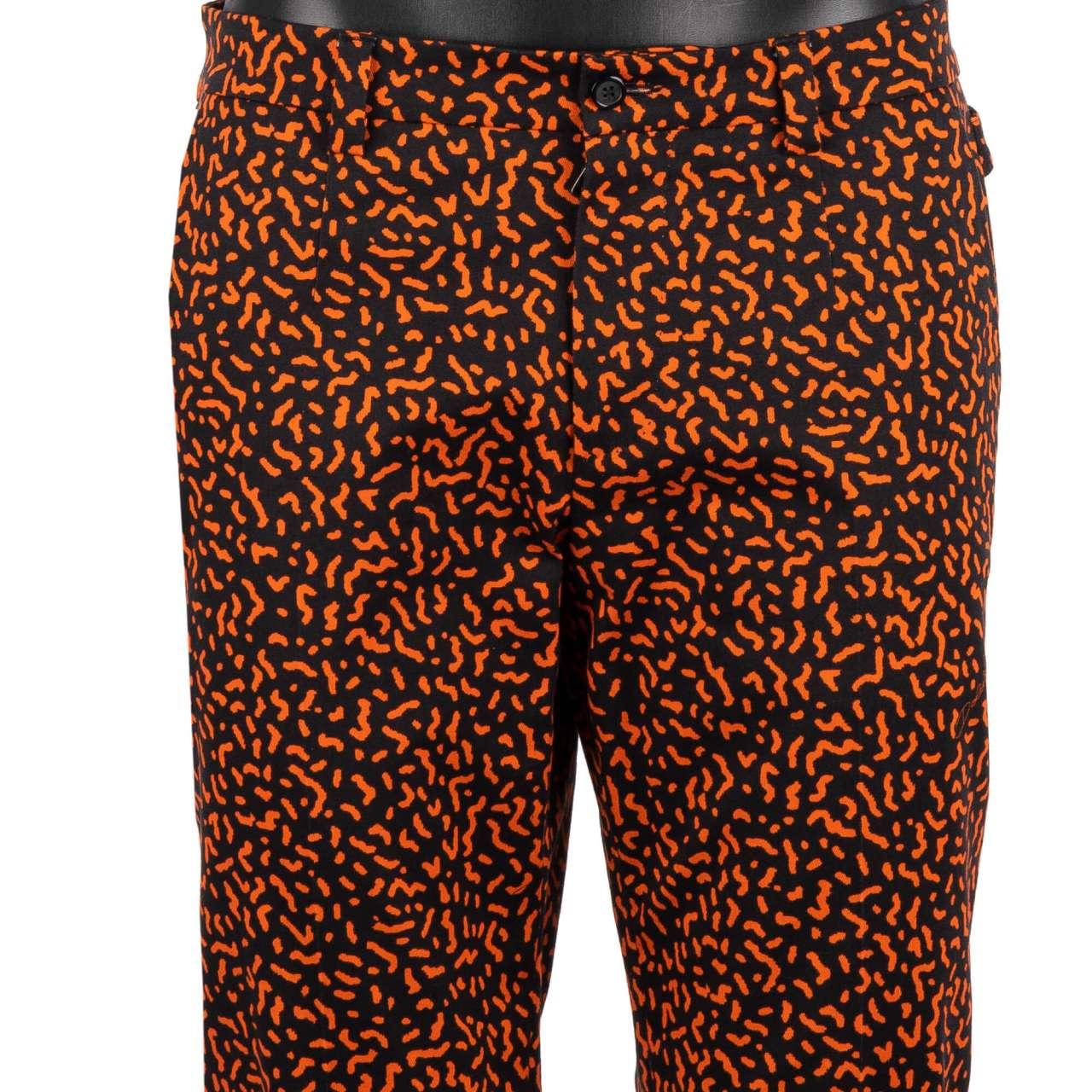 Dolce & Gabbana - Cotton Dress Trousers with Print Black Orange 48 M For Sale 1