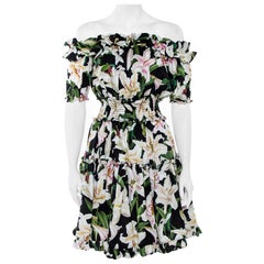Dolce & Gabbana Cotton Lily Print Off Shoulder Dress S