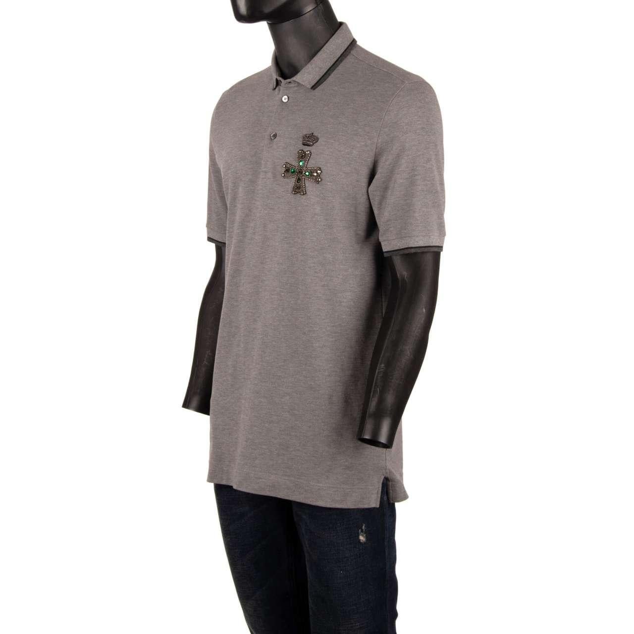 Dolce & Gabbana - Cotton Polo Shirt with Embroidered Crystals Cross Gray 48 M In Excellent Condition For Sale In Erkrath, DE