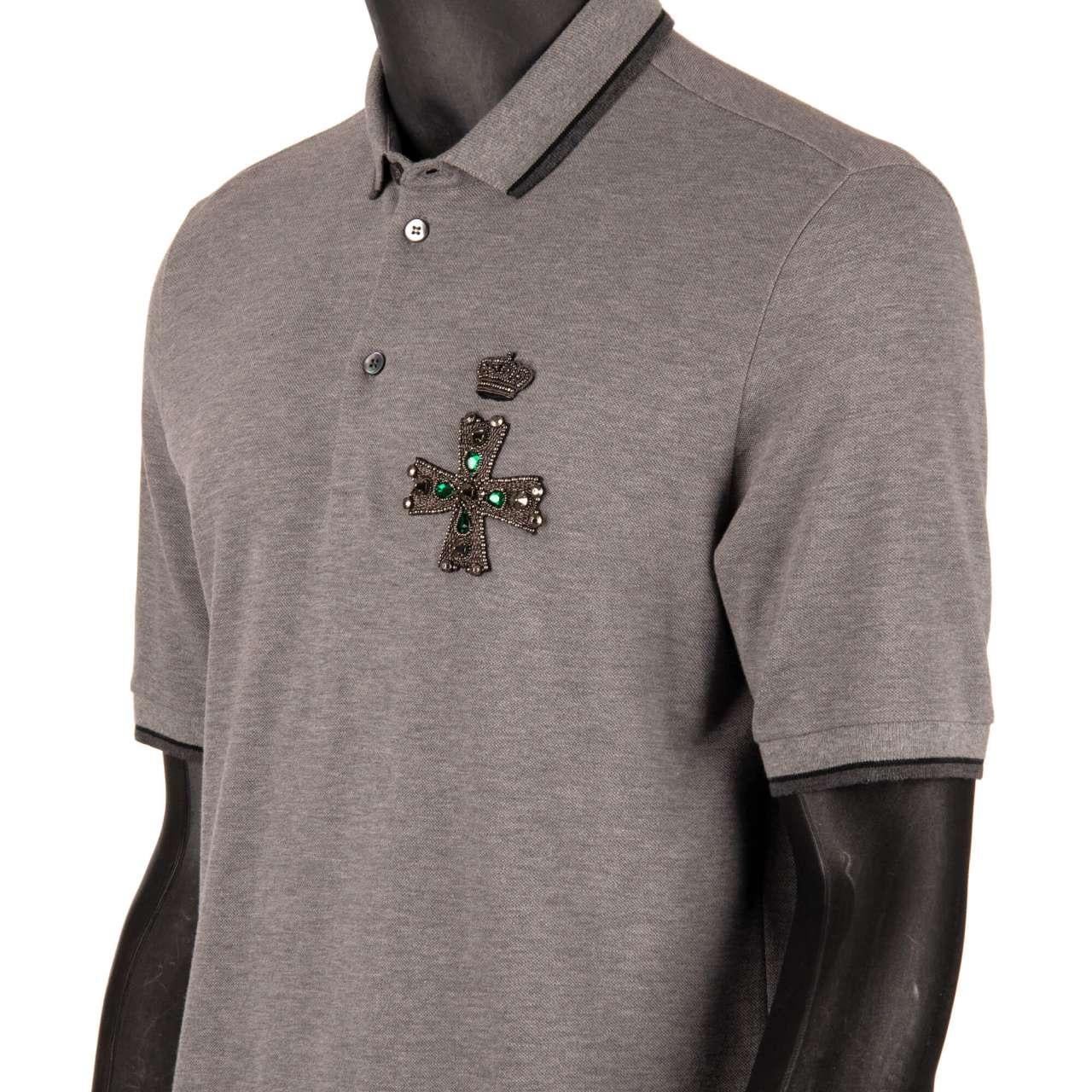 Men's Dolce & Gabbana - Cotton Polo Shirt with Embroidered Crystals Cross Gray 48 M For Sale