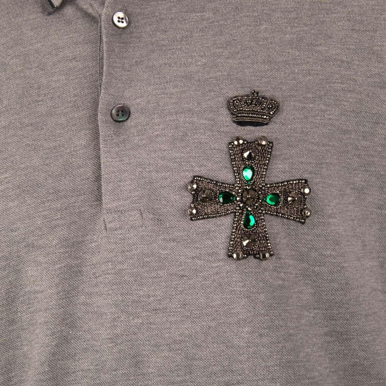 Dolce & Gabbana - Cotton Polo Shirt with Embroidered Crystals Cross Gray 48 M For Sale 2