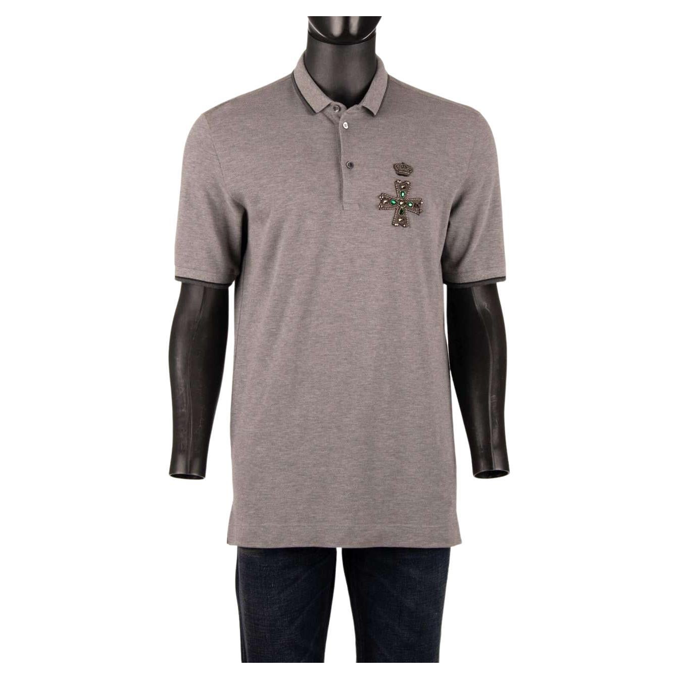 Dolce & Gabbana - Cotton Polo Shirt with Embroidered Crystals Cross Gray 48 M For Sale