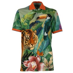 Dolce & Gabbana Cotton Polo Shirt with Tropical Tiger Flower Print Green 48 38 M