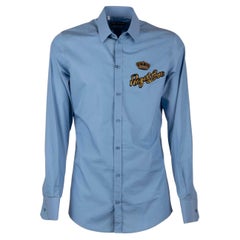 Dolce & Gabbana Cotton Shirt with Crown and Royal Love Embroidery Blue 41/16