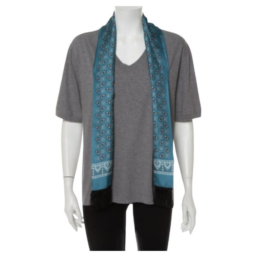 Dolce & Gabbana Cotton V-Neck T-Shirt w/ Butterfly Printed Tasseled Silk Scarf S For Sale