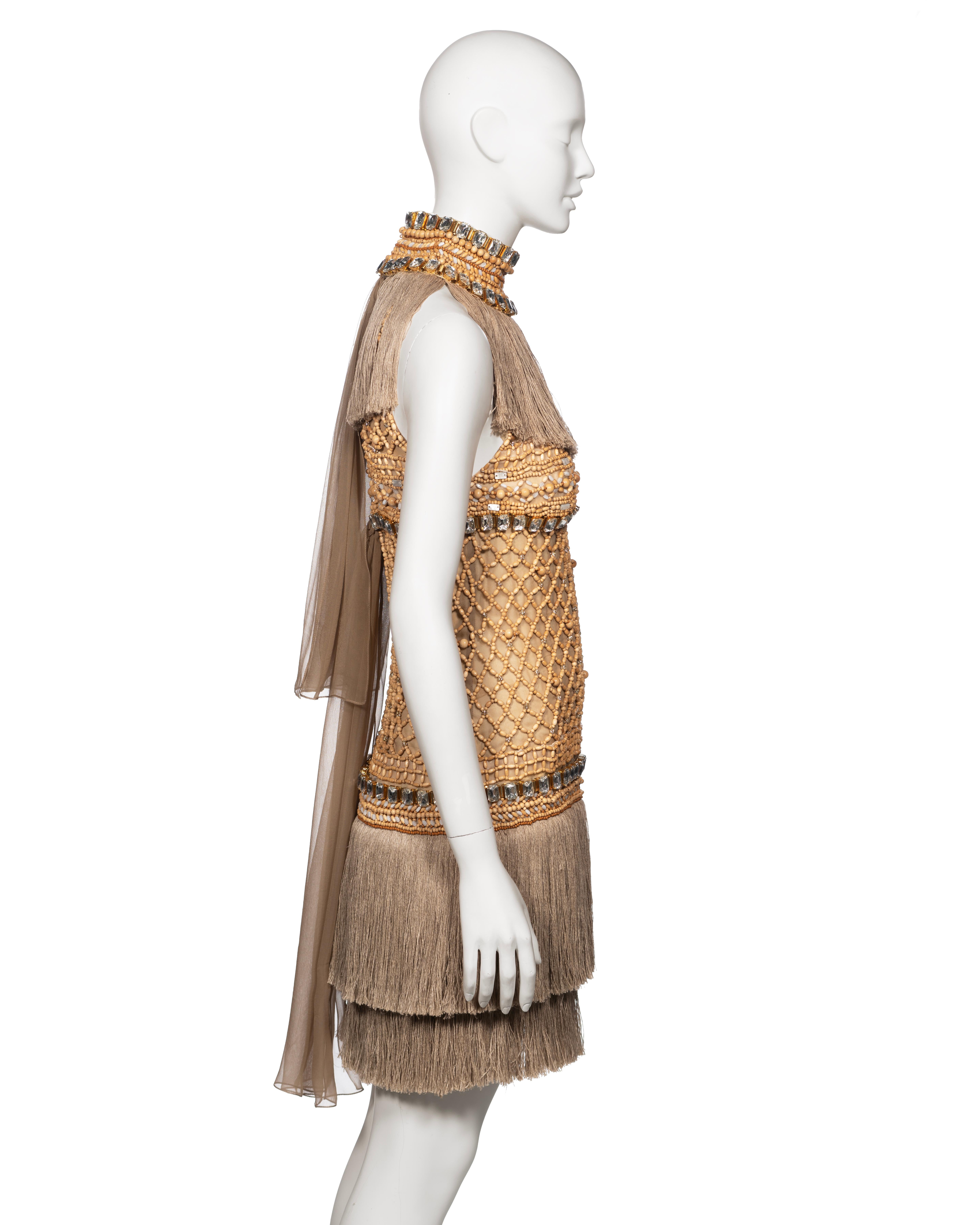 Dolce & Gabbana Couture Wood Beaded Jute Fringe Dress with Crystals, SS 2005 For Sale 5