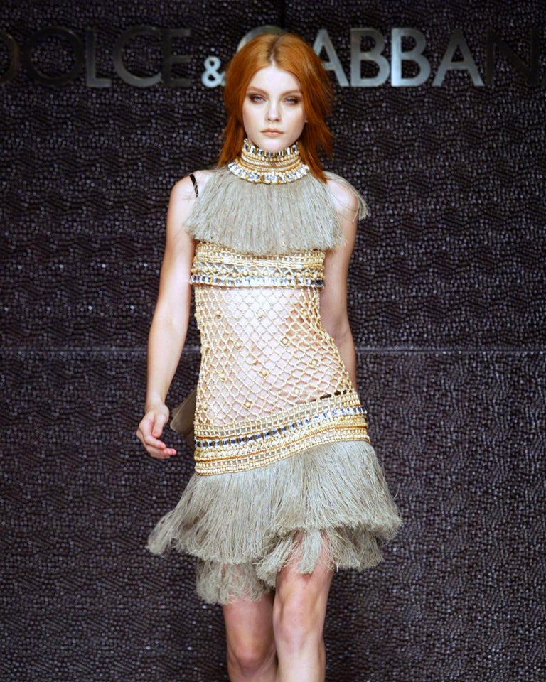 Dolce and Gabbana Couture Wood Beaded Jute Fringe Dress with Crystals, SS  2005 For Sale at 1stDibs