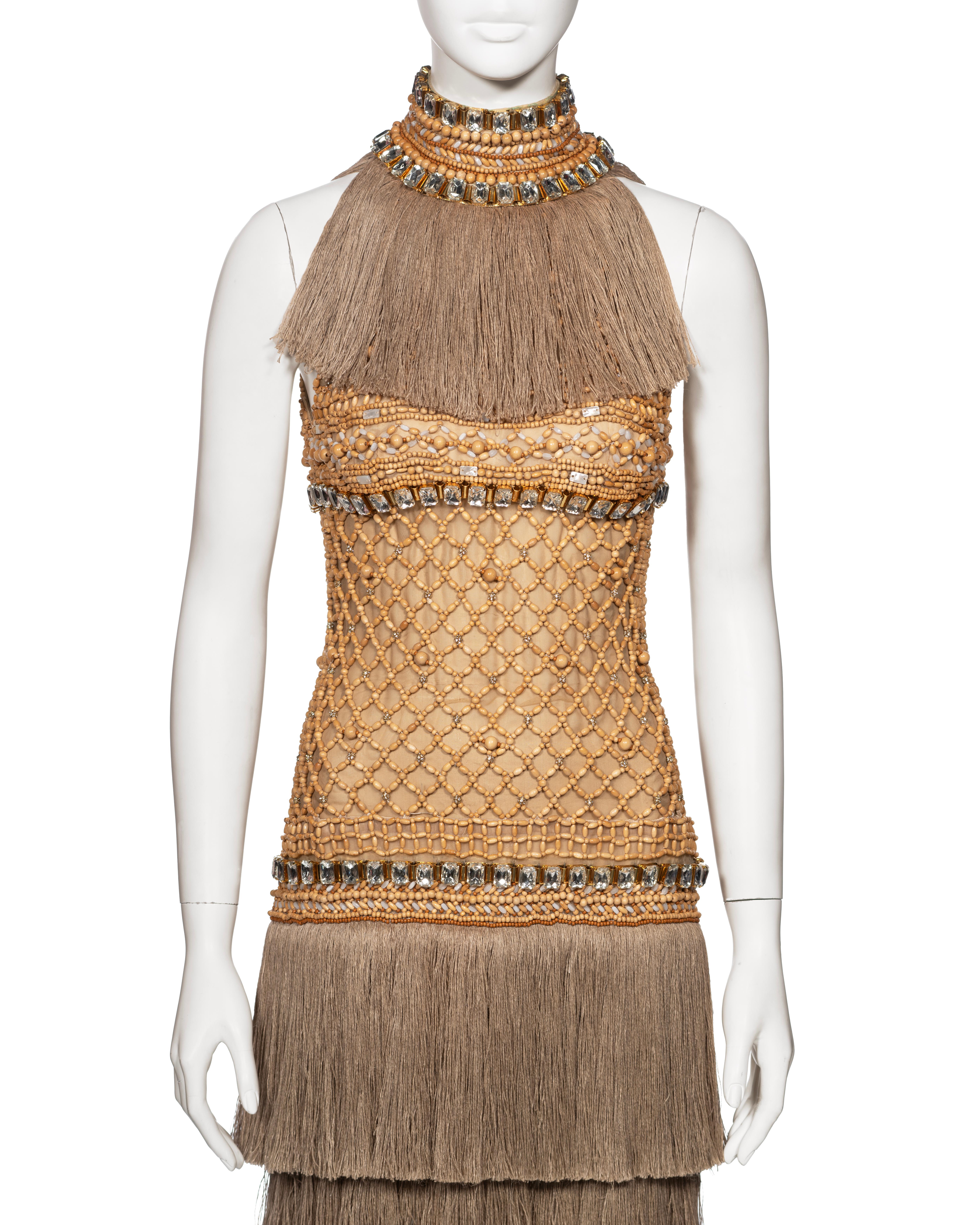 Brown Dolce & Gabbana Couture Wood Beaded Jute Fringe Dress with Crystals, SS 2005 For Sale