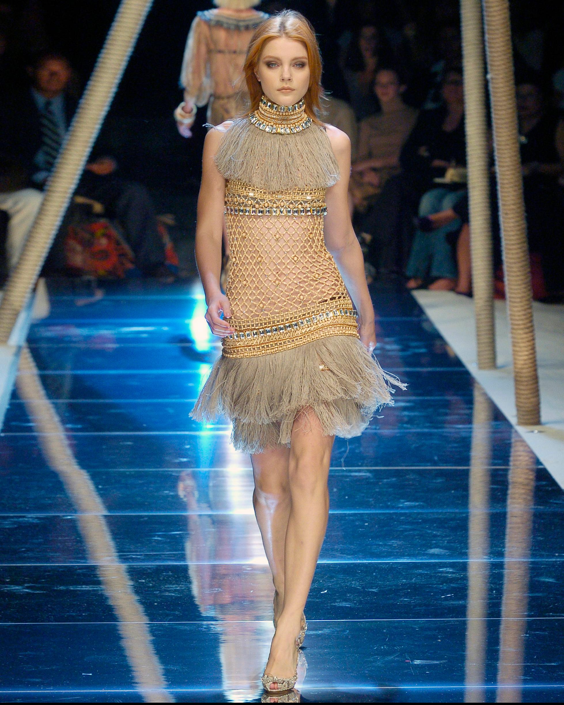 Dolce & Gabbana Couture Wood Beaded Jute Fringe Dress with Crystals, SS 2005 In Excellent Condition For Sale In London, GB