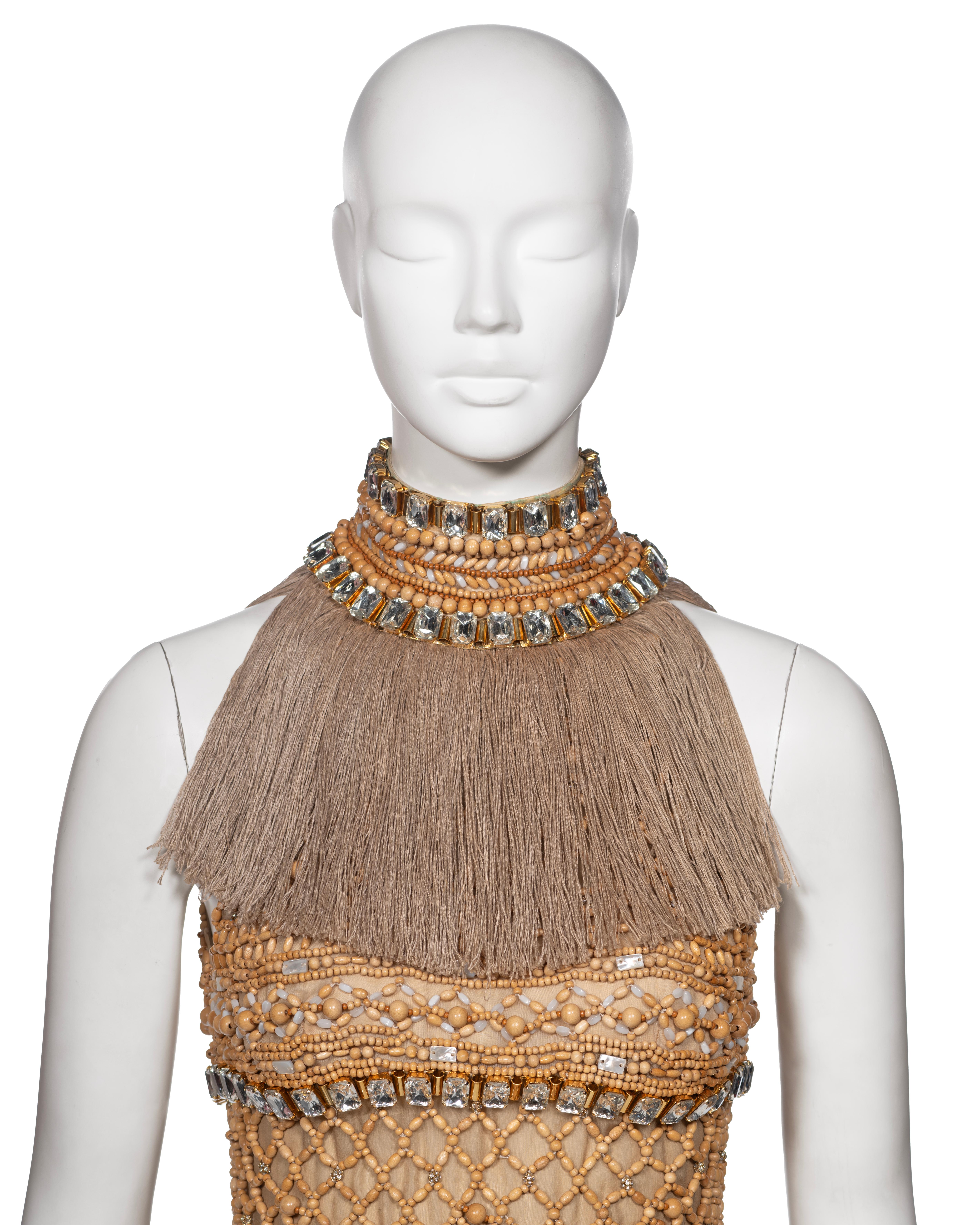 Women's Dolce & Gabbana Couture Wood Beaded Jute Fringe Dress with Crystals, SS 2005 For Sale