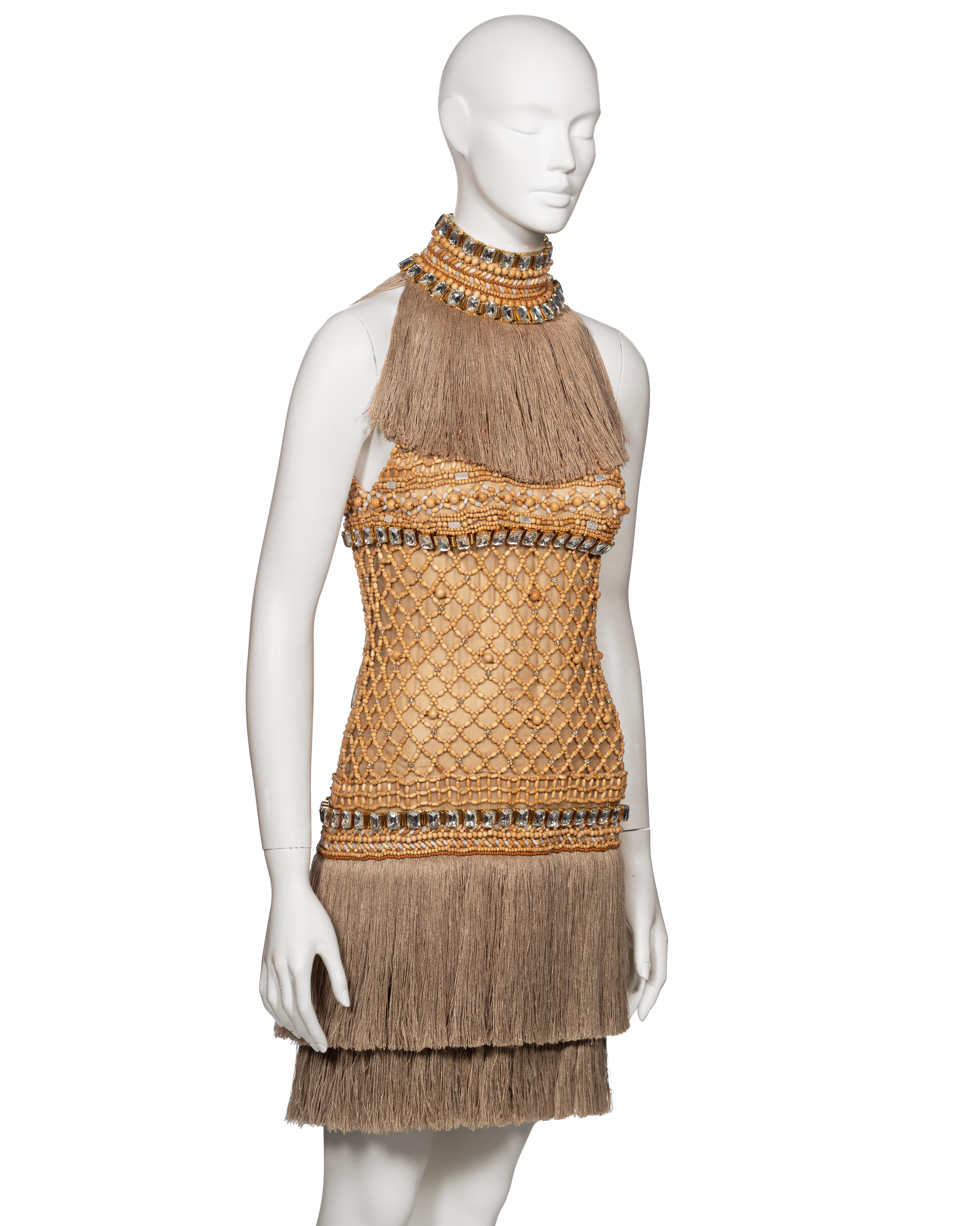 Dolce & Gabbana Couture Wood Beaded Jute Fringe Dress with Crystals, SS 2005 For Sale 2