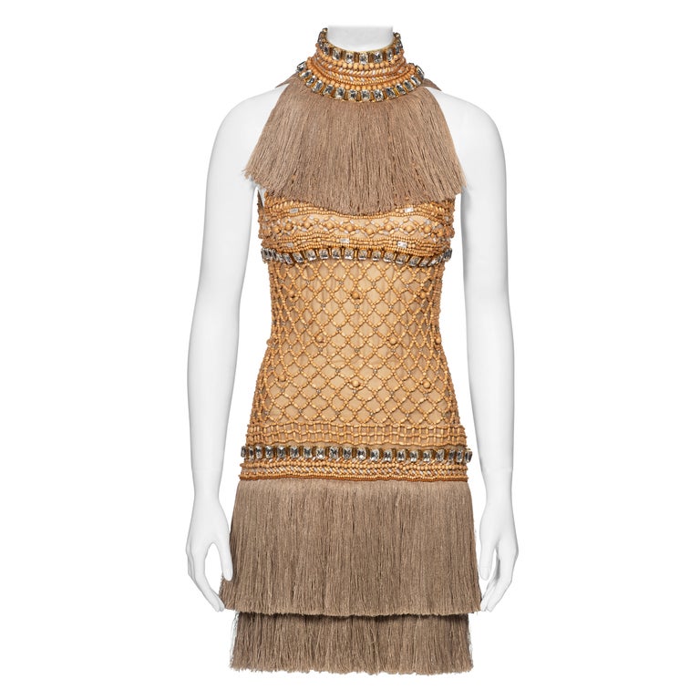 Dolce and Gabbana Couture Wood Beaded Jute Fringe Dress with Crystals, SS  2005 For Sale at 1stDibs