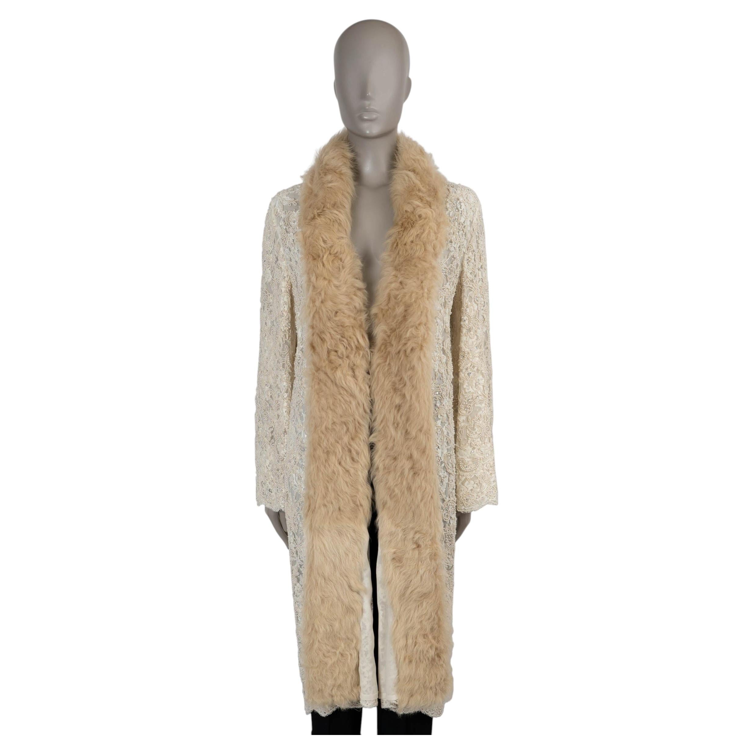 DOLCE & GABBANA cream 2001 Fur Trim Pearl Embellished Coat M