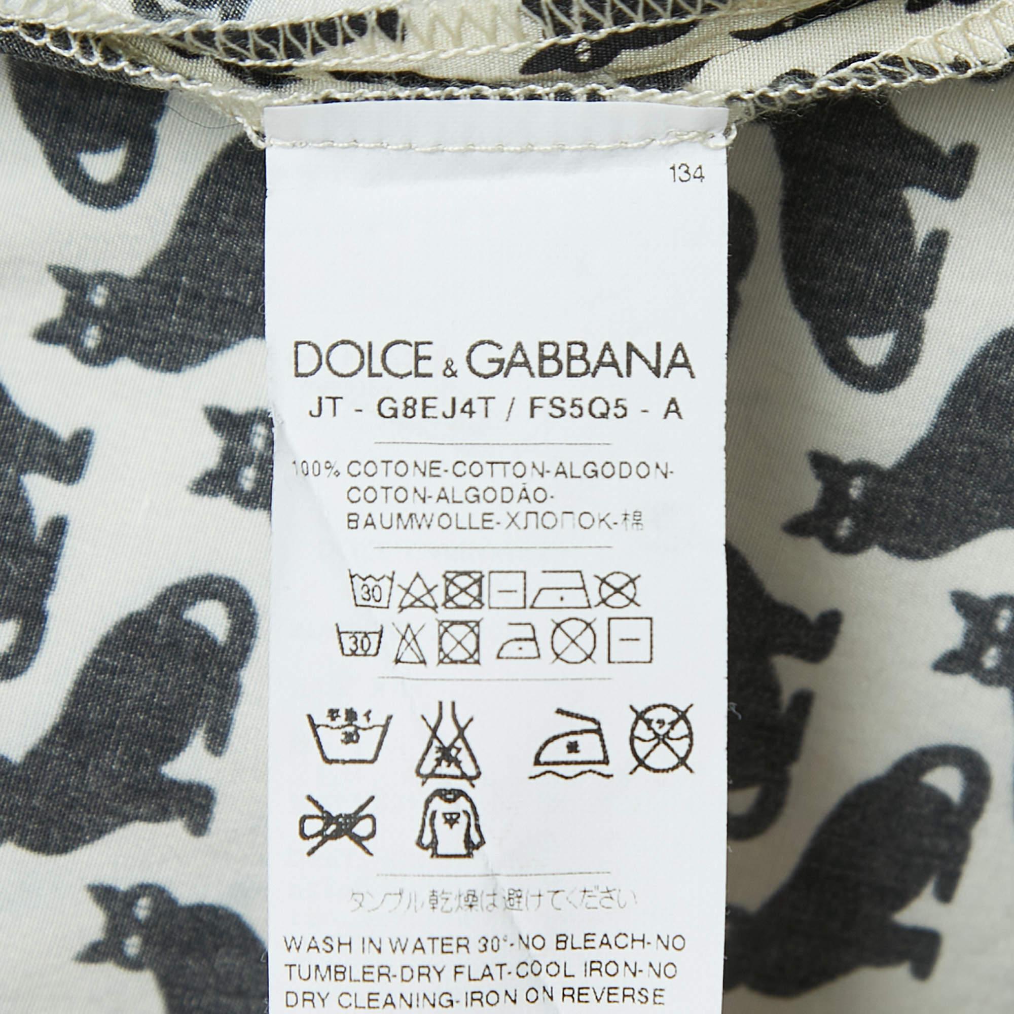Men's Dolce & Gabbana Cream All-Over Cat Print Cotton Half Sleeve Shirt S