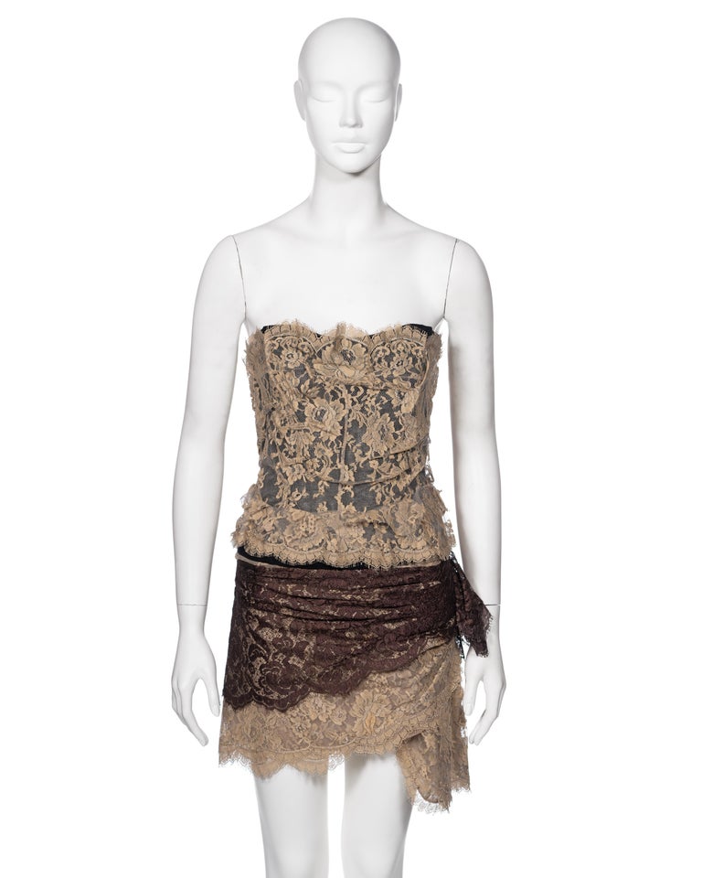 Dolce and Gabbana Cream and Brown Lace Corset and Mini Skirt Set