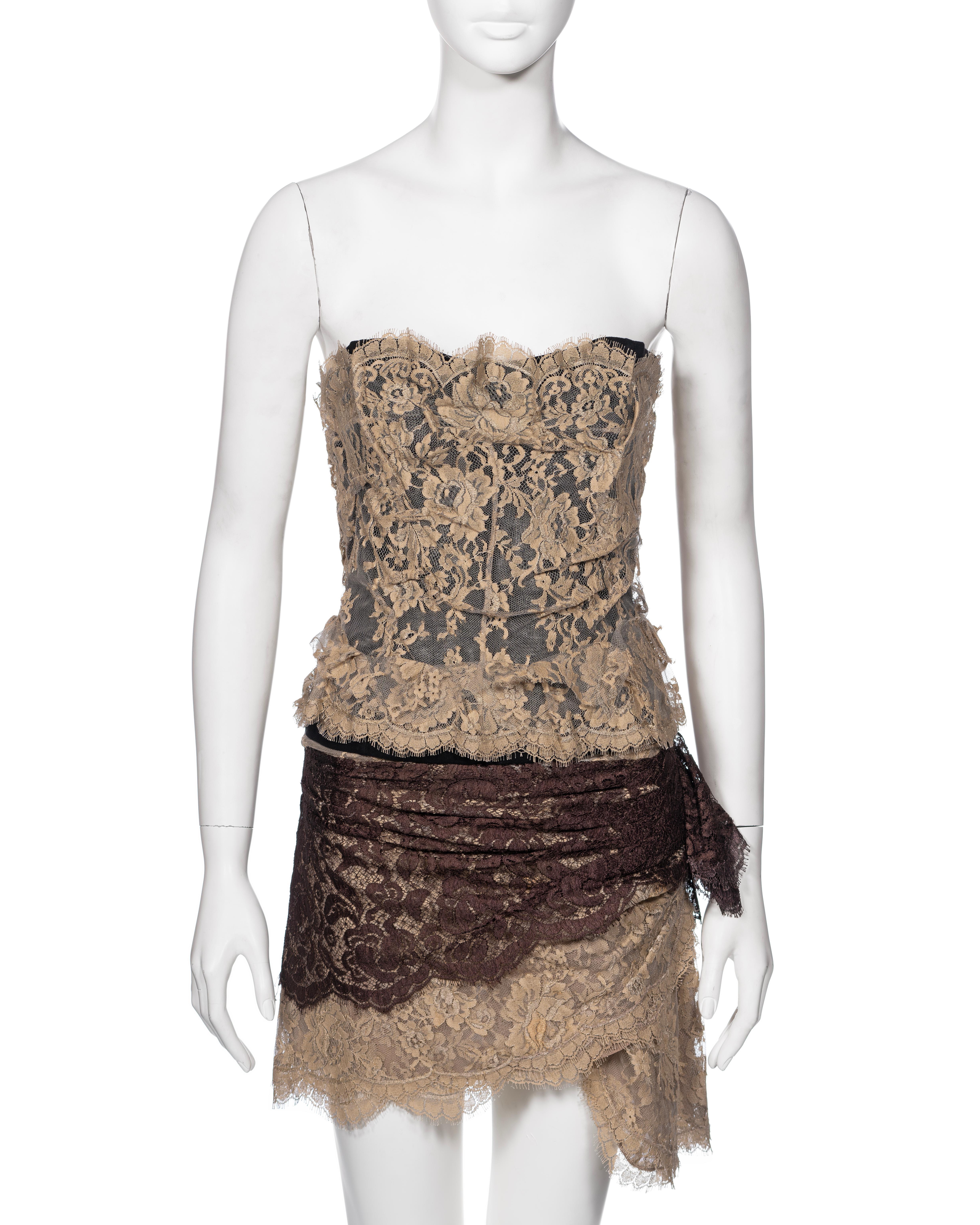 Dolce & Gabbana Cream and Brown Lace Corset and Mini Skirt Set, SS 2005 In Good Condition For Sale In London, GB