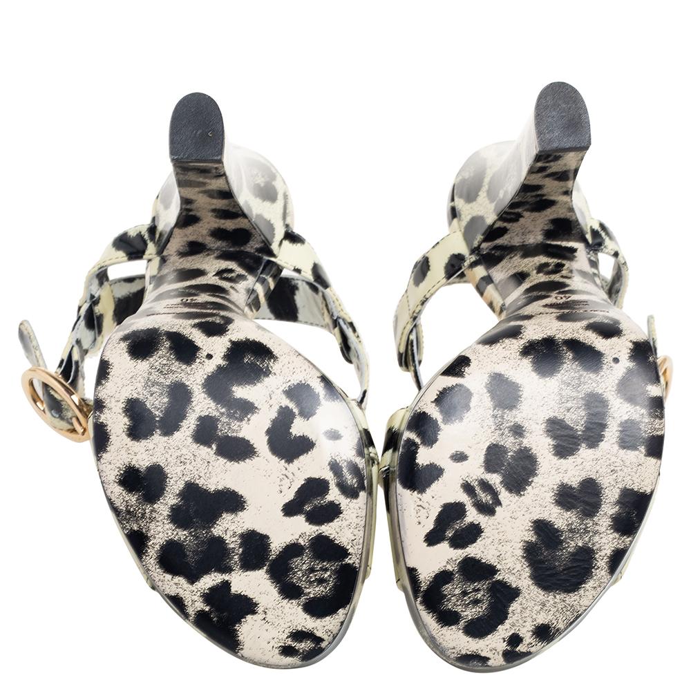 Beige Dolce & Gabbana Cream/Black Leopard Print Ankle Strap Platform Sandals Size 40 For Sale