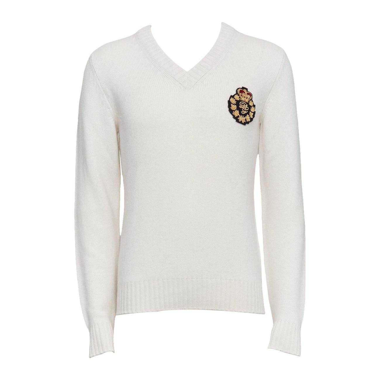 DOLCE GABBANA cream cashmere gold varsity badge v-neck sweater IT46 S