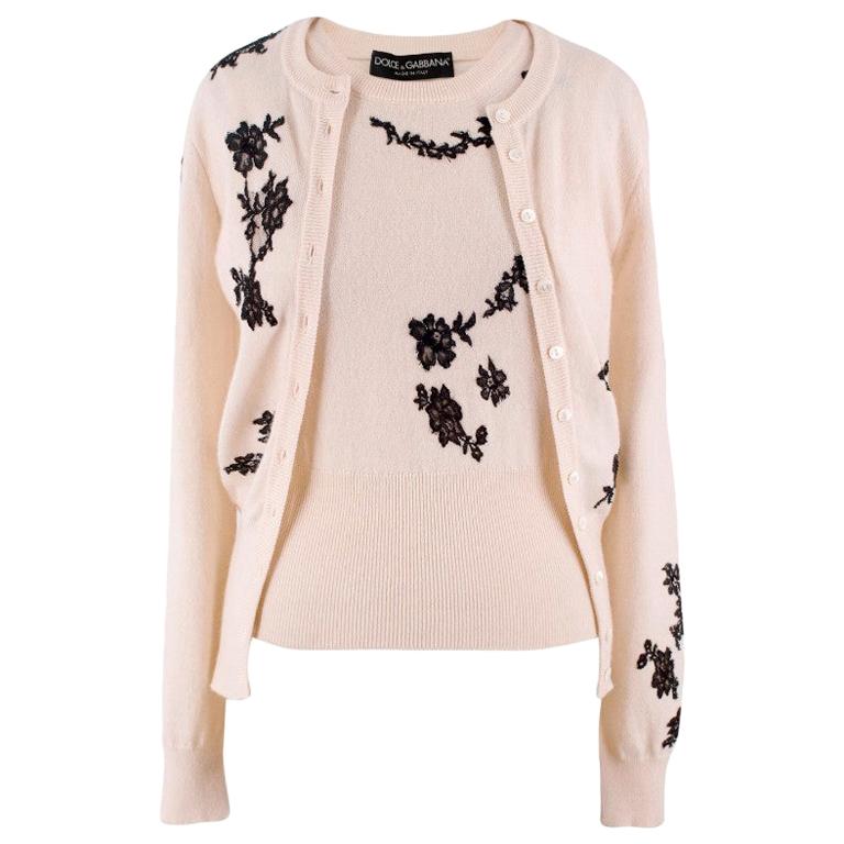 Dolce and Gabbana Cream Cashmere and Lace Twin Set - Size US 4 at 1stDibs