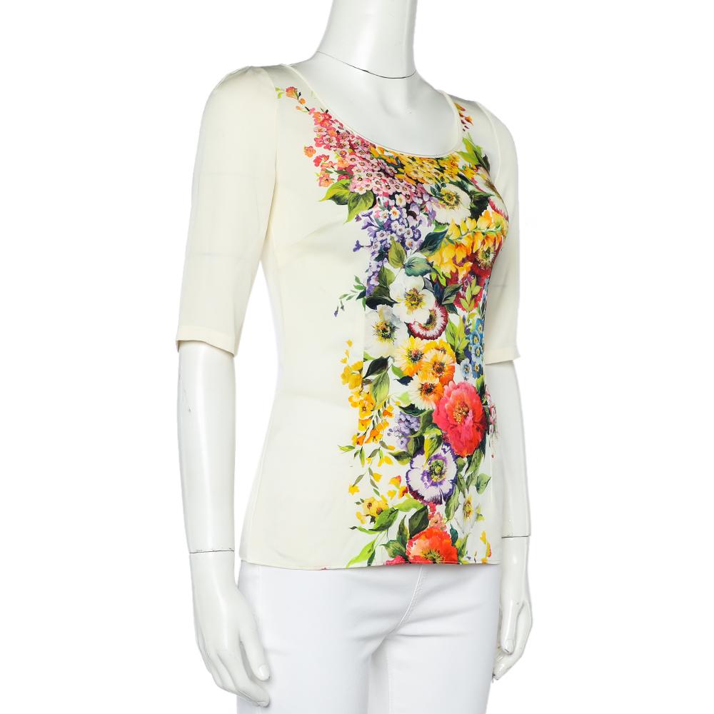 Beige Dolce & Gabbana Cream Floral Printed Roundneck Top S For Sale