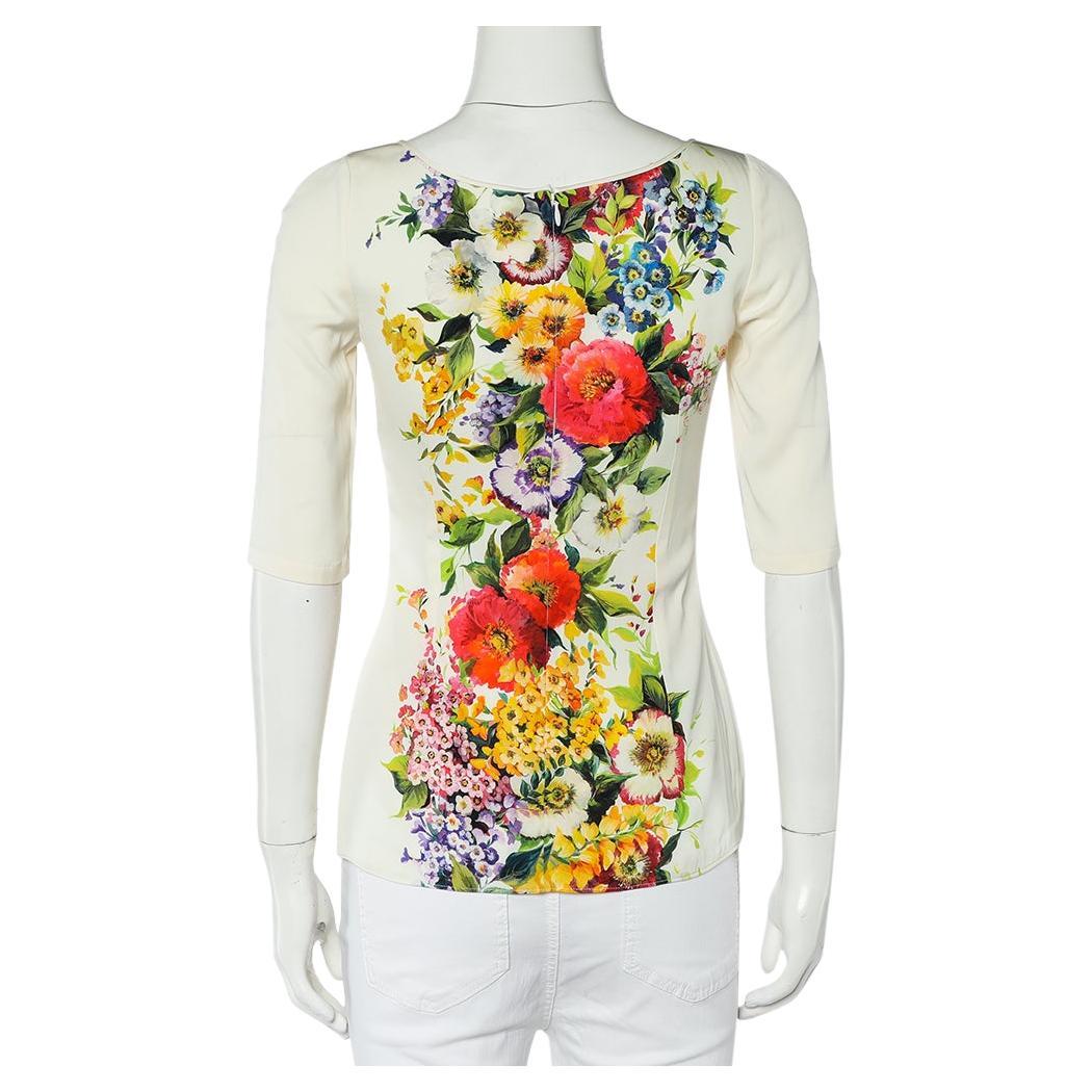 Dolce & Gabbana Cream Floral Printed Roundneck Top S For Sale