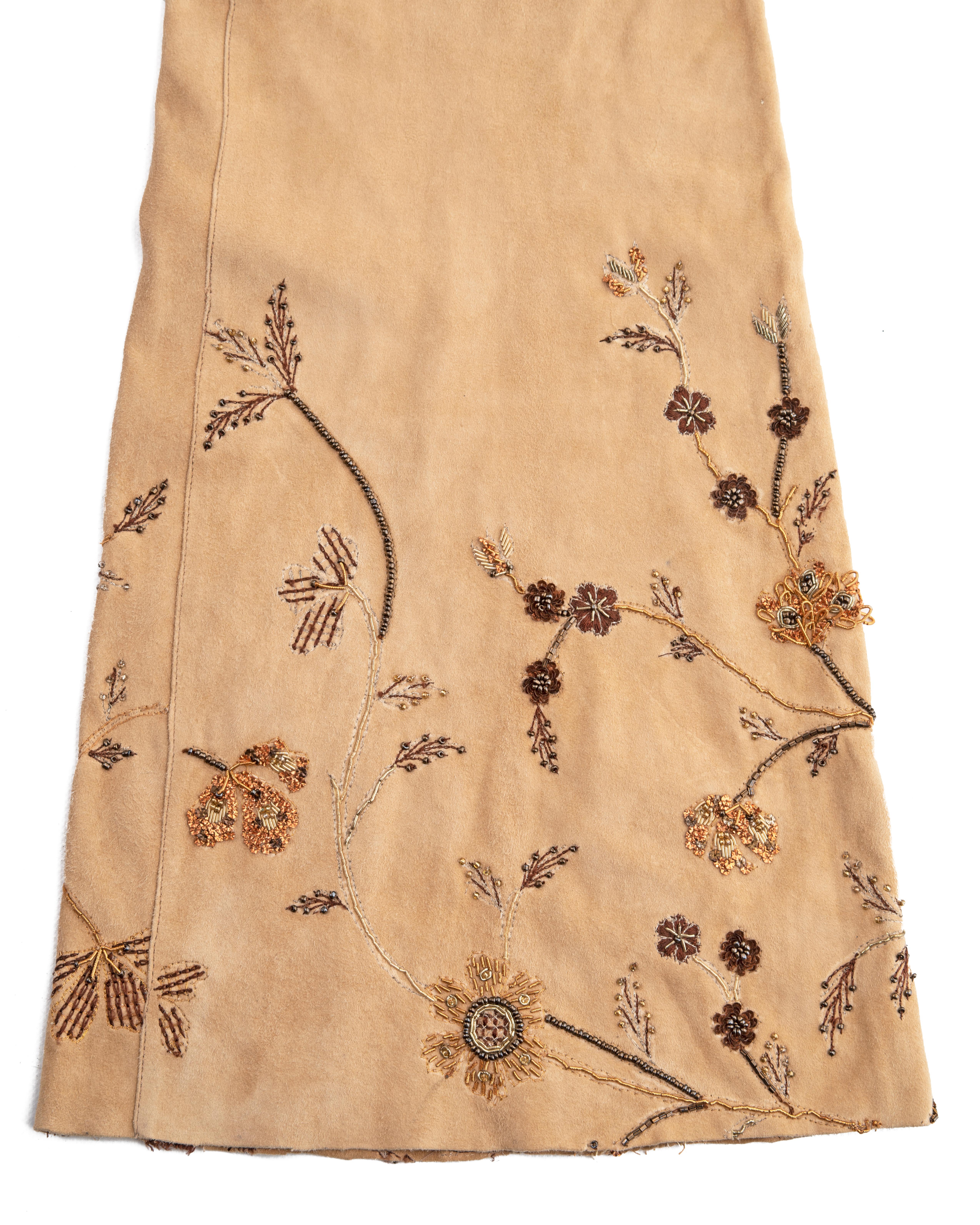 Beige Dolce & Gabbana cream goat suede embroidered flared pants, ss 2001 For Sale