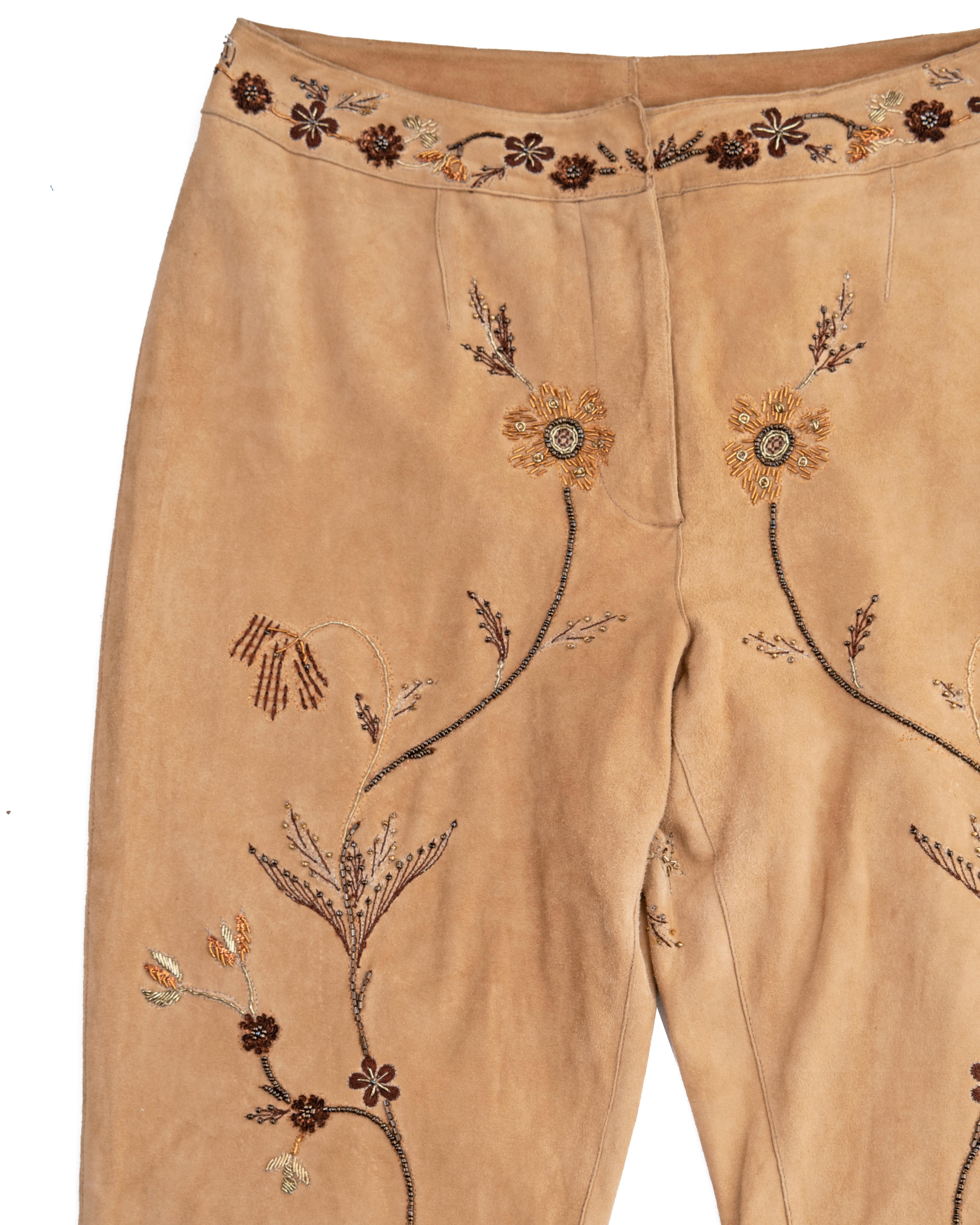 Women's Dolce & Gabbana cream goat suede embroidered flared pants, ss 2001 For Sale