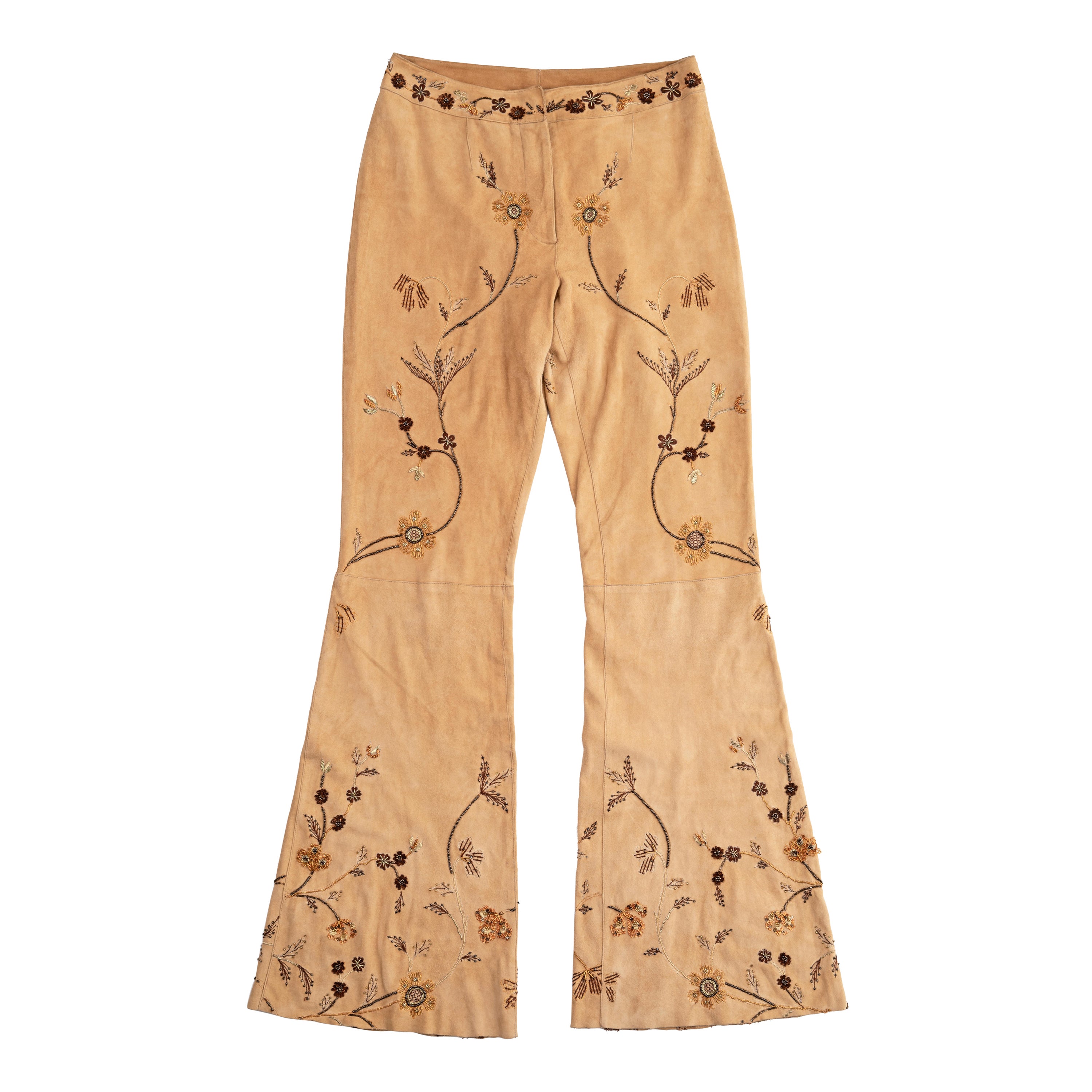 Pantalones acampanados Dolce & Gabbana bordados en ante de cabra color crema, ss 2001