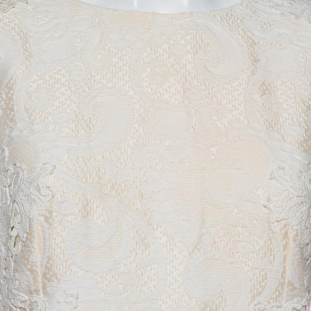 Dolce & Gabbana Cream Jacquard Crochet Trim Detail Midi Dress L In Excellent Condition In Dubai, Al Qouz 2