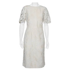 Dolce & Gabbana Cream Jacquard Crochet Trim Detail Midi Dress L