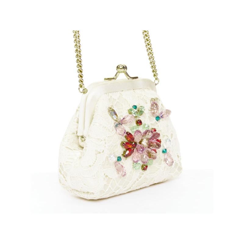 DOLCE GABBANA cream lace multicolour stone beaded kisslock chain micro bag Blanco en venta