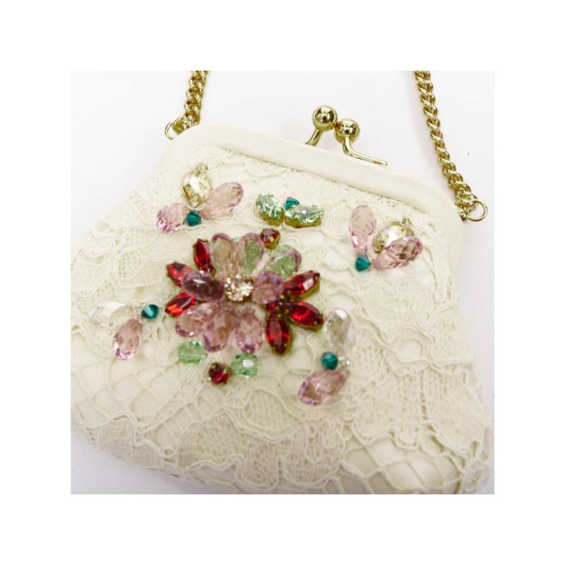 DOLCE GABBANA cream lace multicolour stone beaded kisslock chain micro bag en venta 2